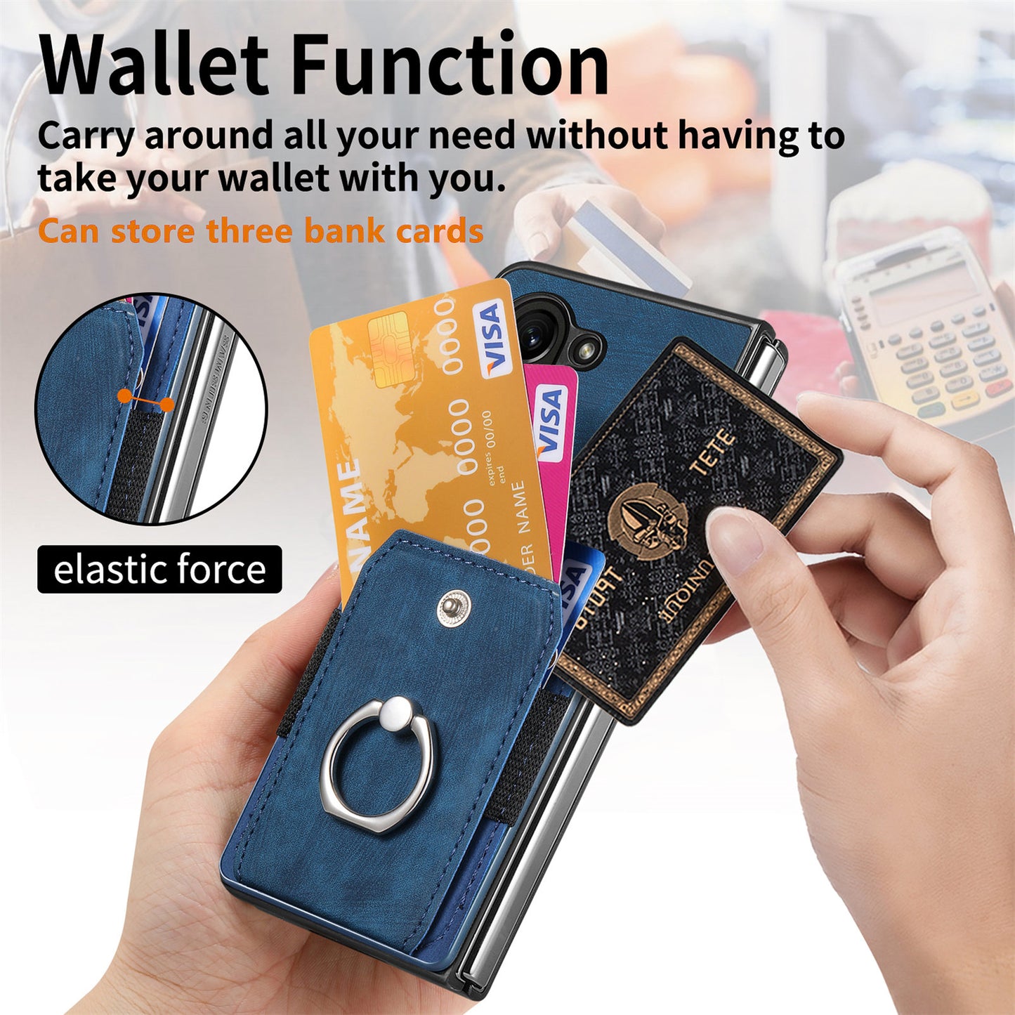 D2 For Samsung Galaxy Z Fold6 5G Case Card Slot Ring Kickstand Leather+PC Phone Cover - Blue