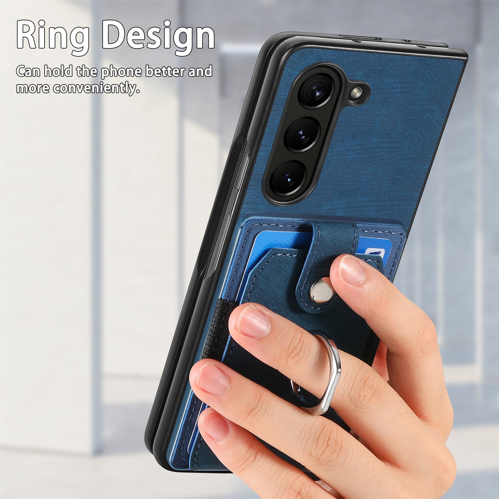 D2 For Samsung Galaxy Z Fold6 5G Case Card Slot Ring Kickstand Leather+PC Phone Cover - Blue