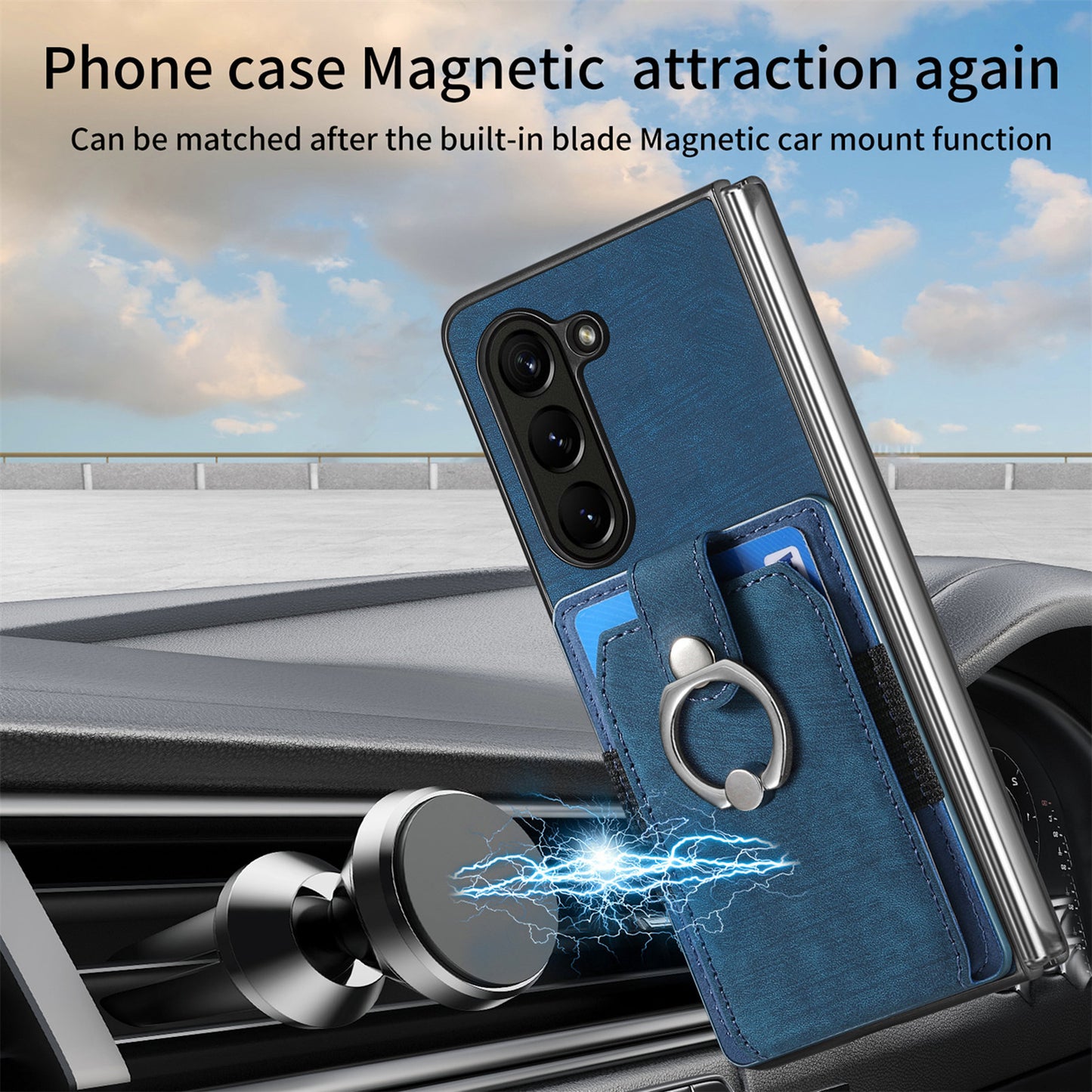 D2 For Samsung Galaxy Z Fold6 5G Case Card Slot Ring Kickstand Leather+PC Phone Cover - Blue