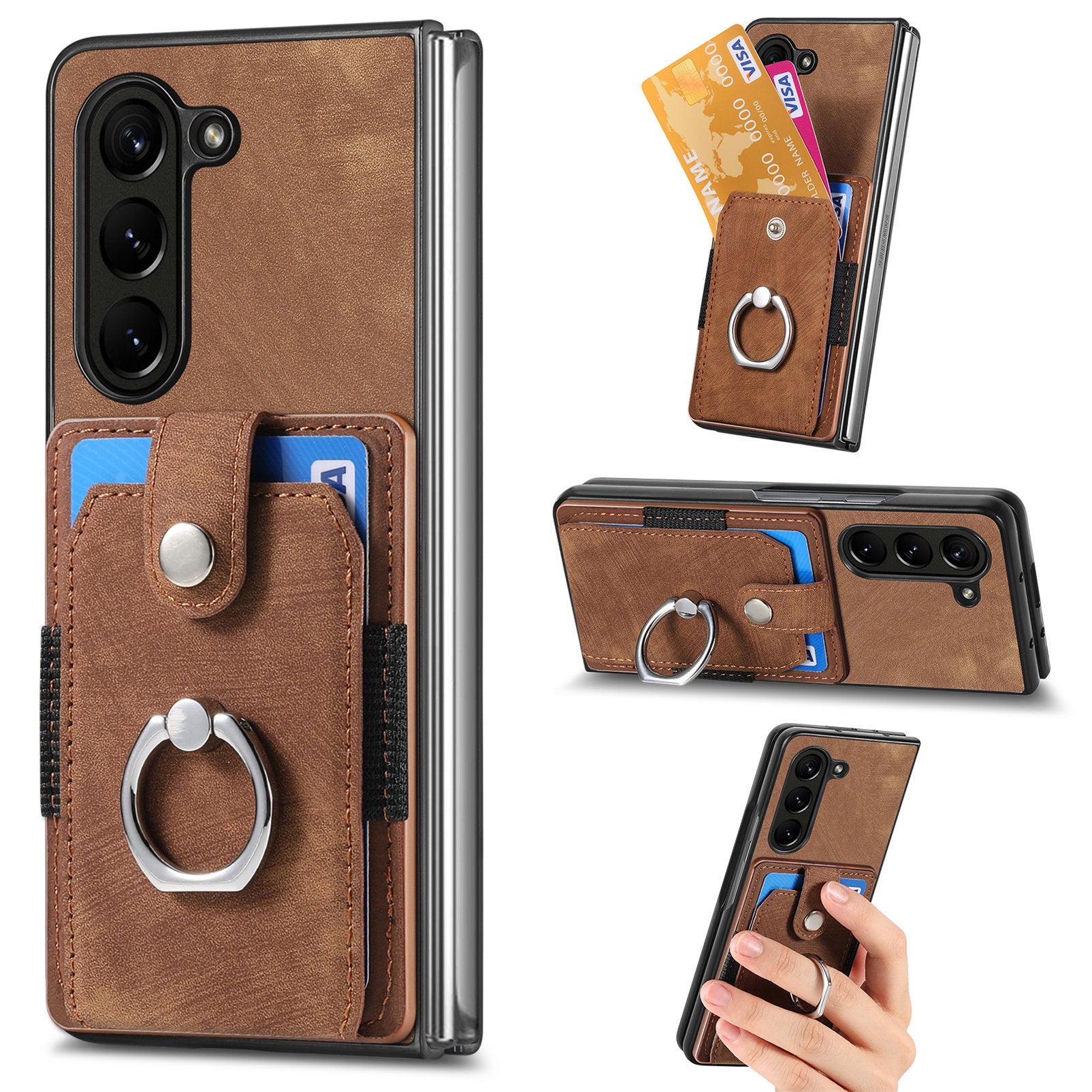 D2 For Samsung Galaxy Z Fold6 5G Case Card Slot Ring Kickstand Leather+PC Phone Cover - Brown