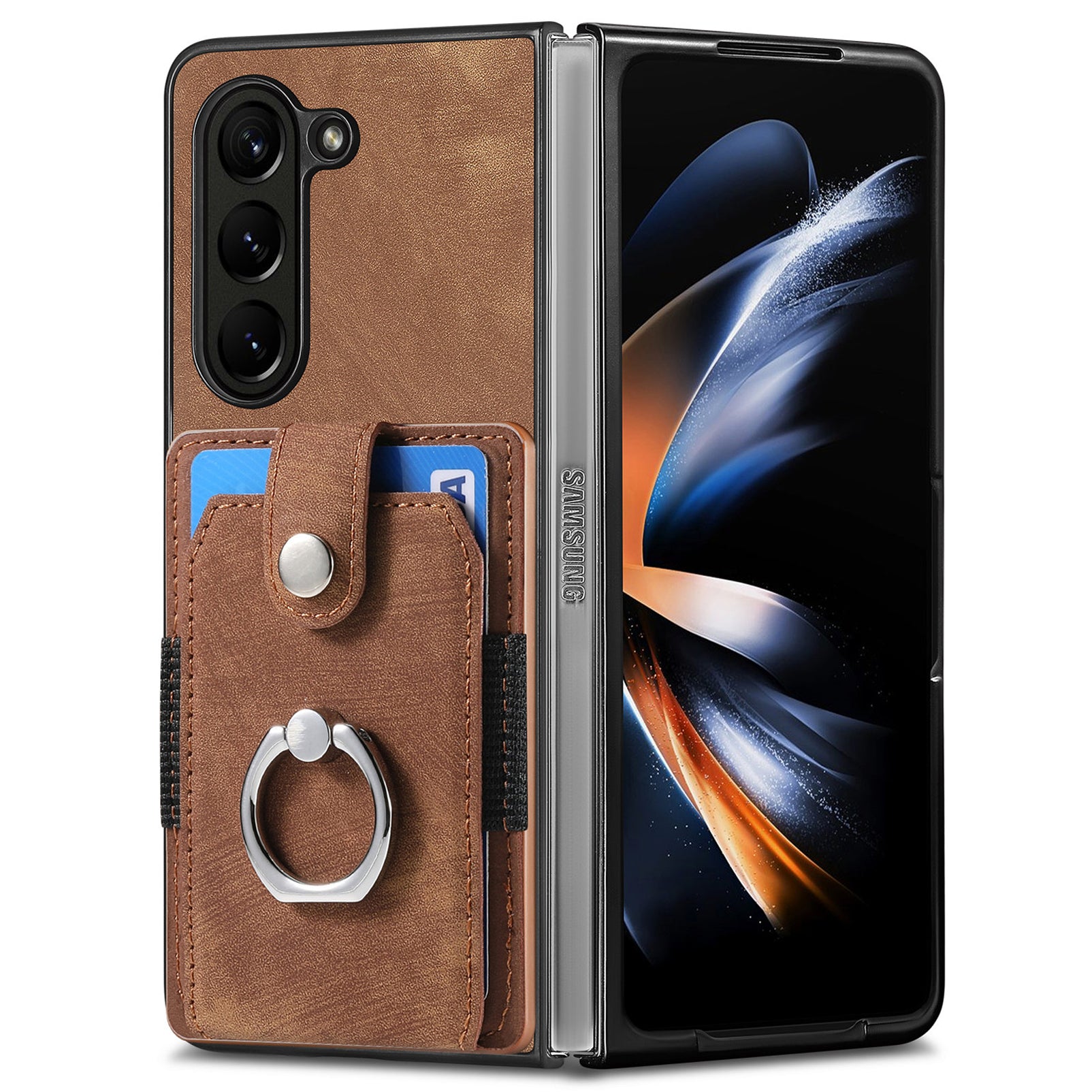 D2 For Samsung Galaxy Z Fold6 5G Case Card Slot Ring Kickstand Leather+PC Phone Cover - Brown