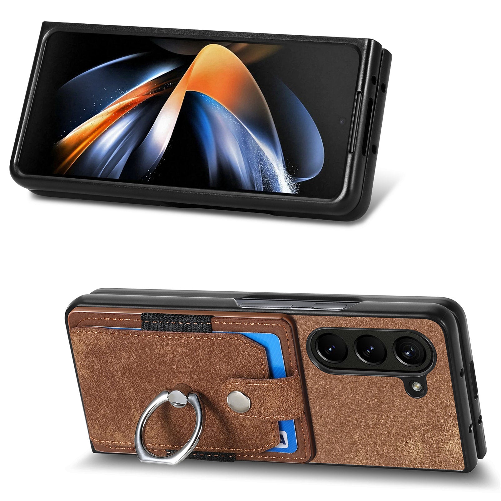 D2 For Samsung Galaxy Z Fold6 5G Case Card Slot Ring Kickstand Leather+PC Phone Cover - Brown