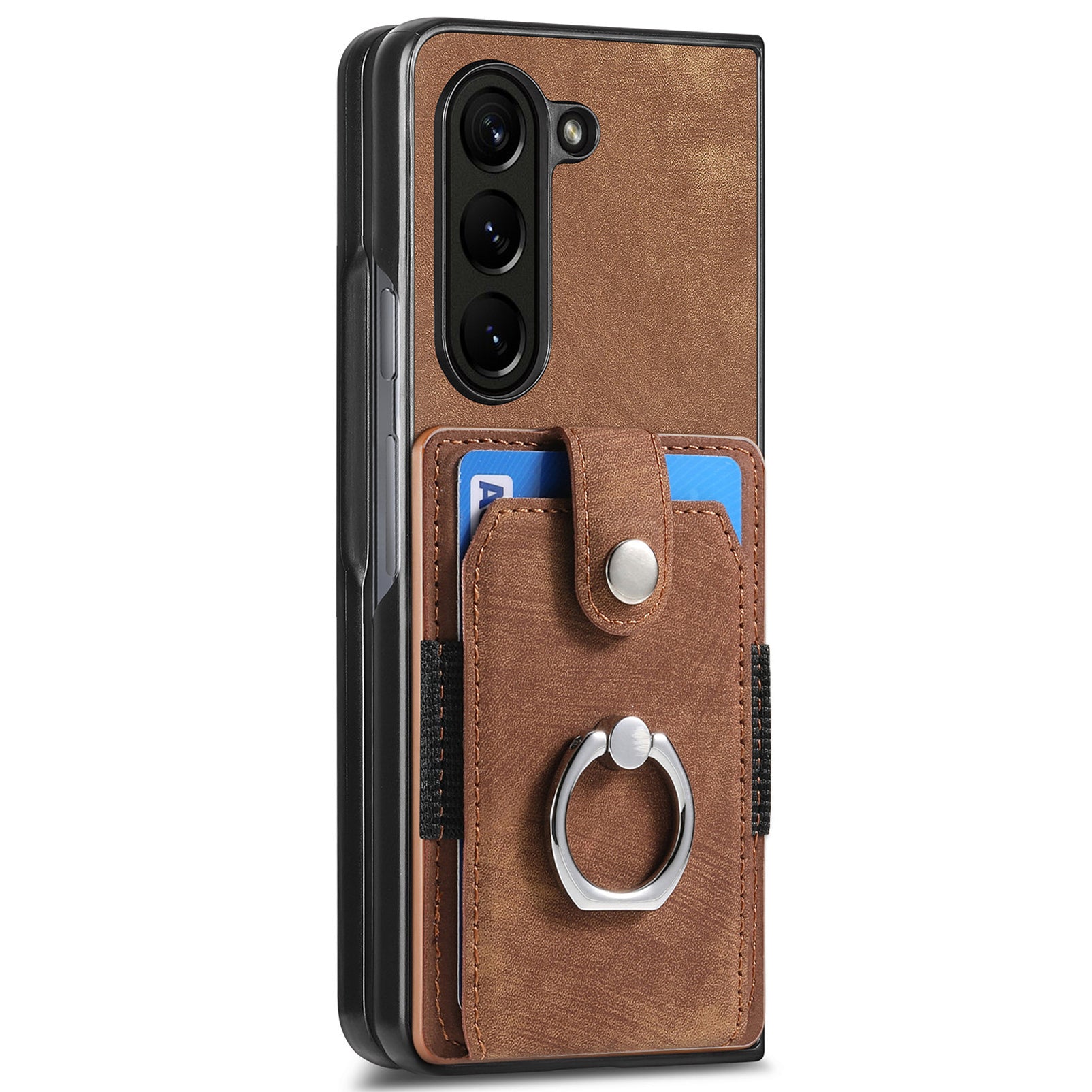 D2 For Samsung Galaxy Z Fold6 5G Case Card Slot Ring Kickstand Leather+PC Phone Cover - Brown