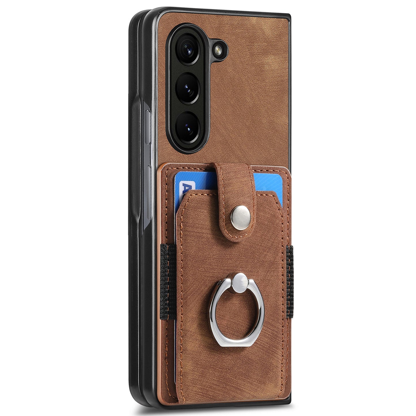 D2 For Samsung Galaxy Z Fold6 5G Case Card Slot Ring Kickstand Leather+PC Phone Cover - Brown