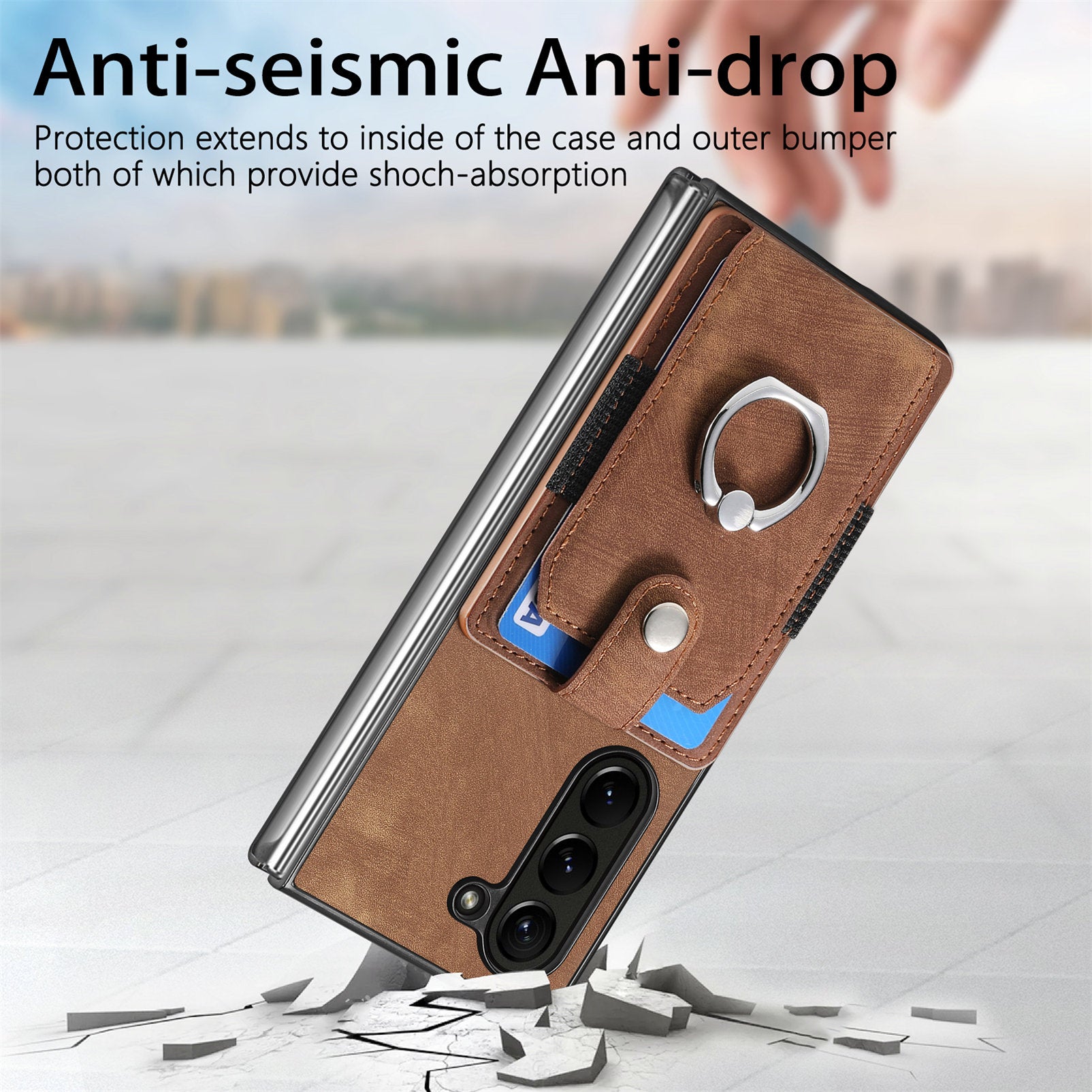D2 For Samsung Galaxy Z Fold6 5G Case Card Slot Ring Kickstand Leather+PC Phone Cover - Brown