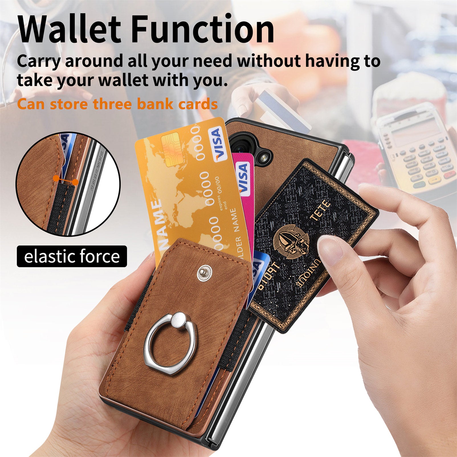 D2 For Samsung Galaxy Z Fold6 5G Case Card Slot Ring Kickstand Leather+PC Phone Cover - Brown