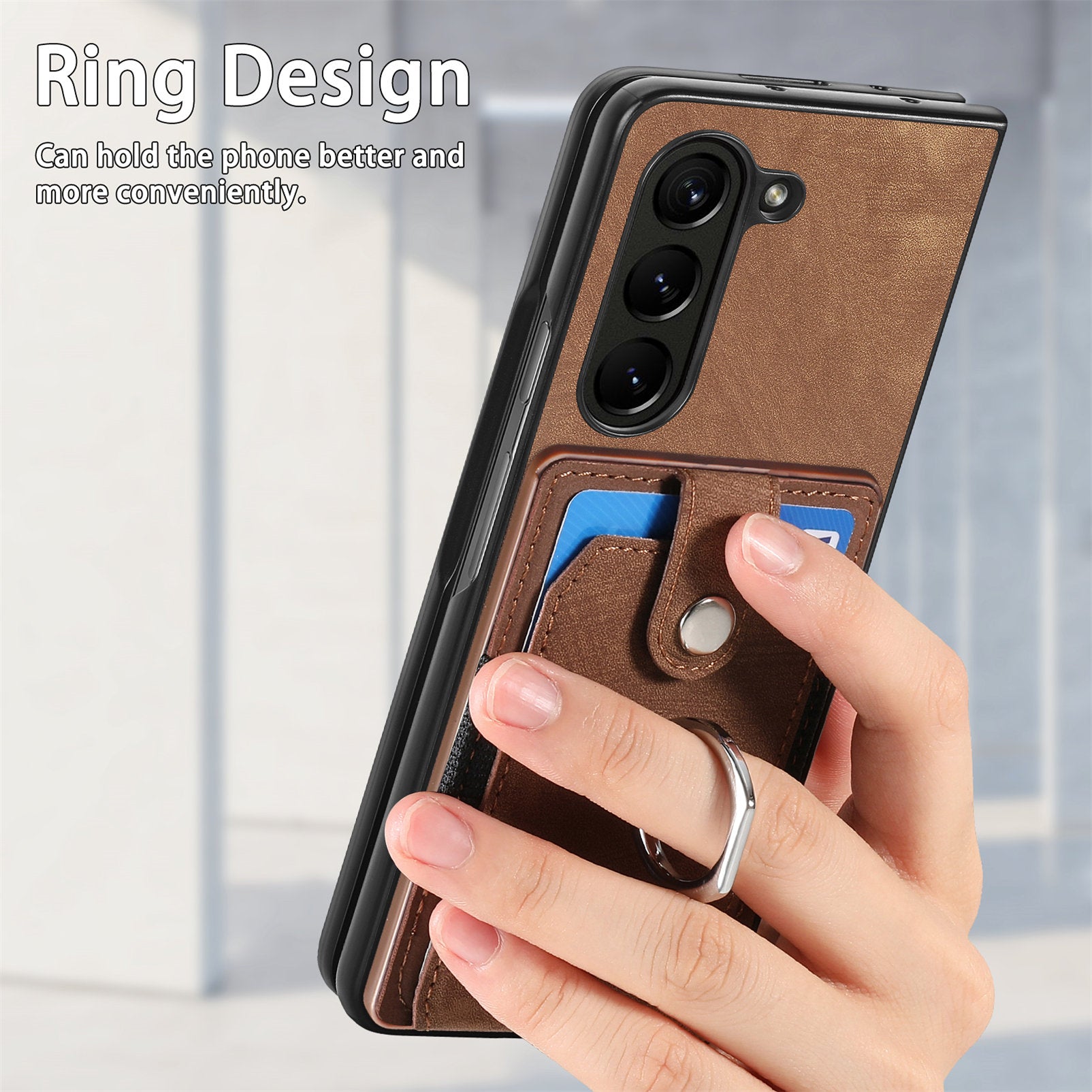 D2 For Samsung Galaxy Z Fold6 5G Case Card Slot Ring Kickstand Leather+PC Phone Cover - Brown