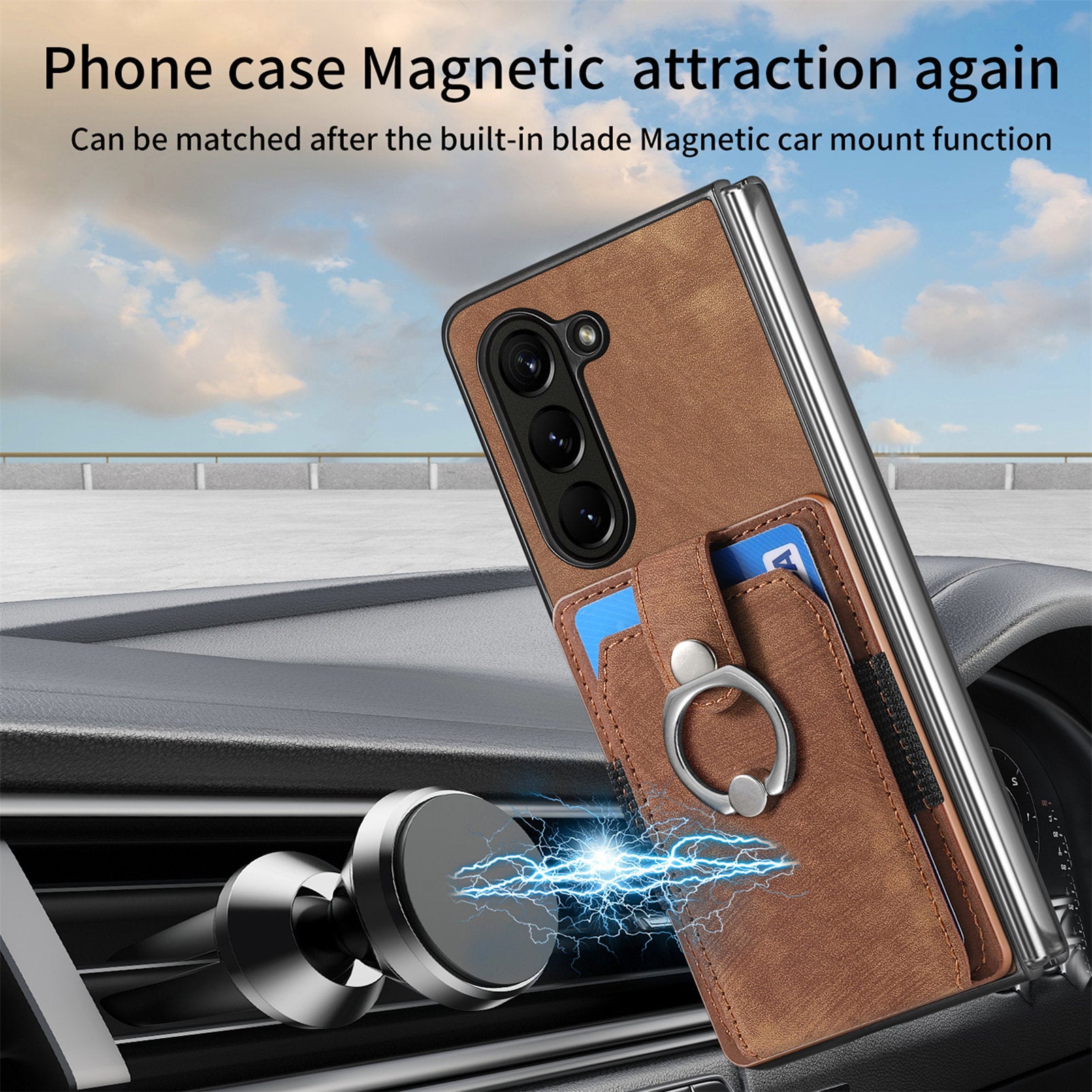D2 For Samsung Galaxy Z Fold6 5G Case Card Slot Ring Kickstand Leather+PC Phone Cover - Brown