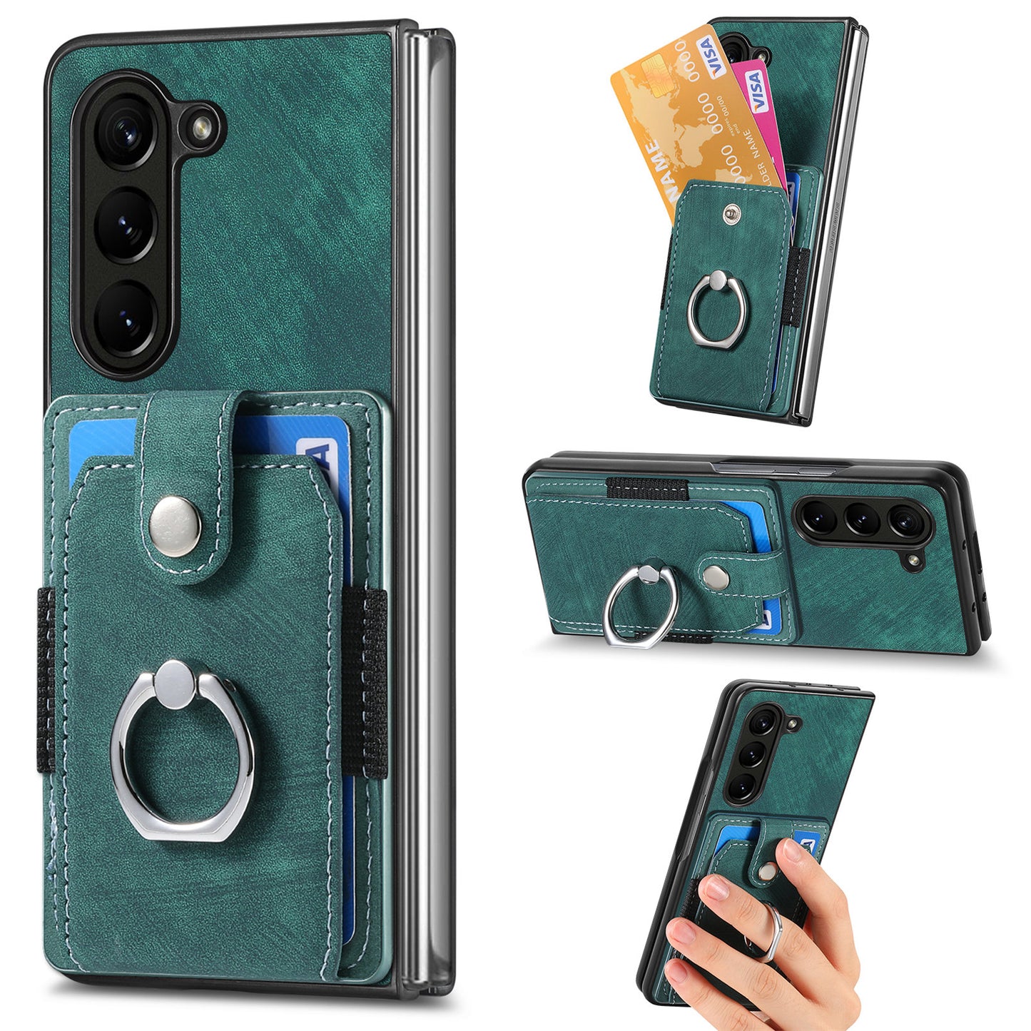 D2 For Samsung Galaxy Z Fold6 5G Case Card Slot Ring Kickstand Leather+PC Phone Cover - Green