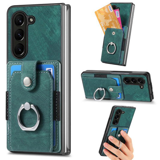 D2 For Samsung Galaxy Z Fold6 5G Case Card Slot Ring Kickstand Leather+PC Phone Cover - Green
