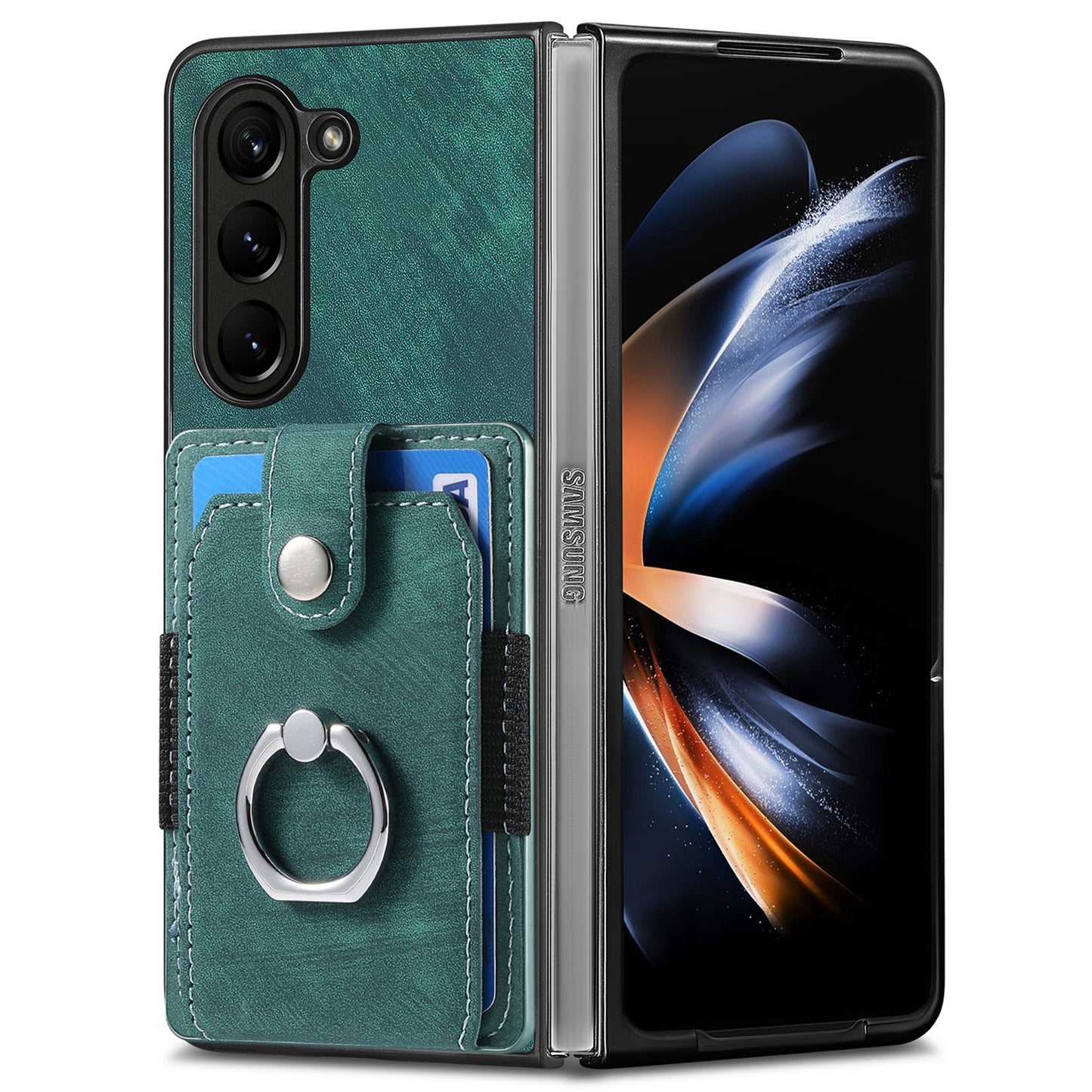 D2 For Samsung Galaxy Z Fold6 5G Case Card Slot Ring Kickstand Leather+PC Phone Cover - Green