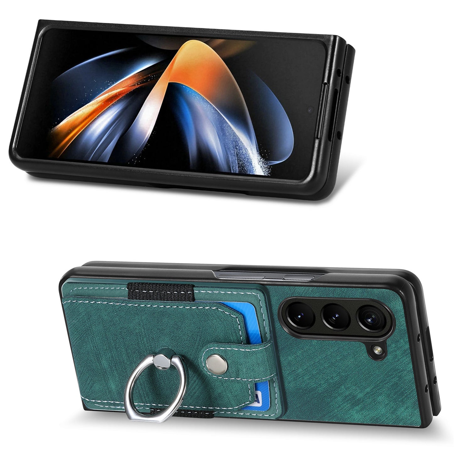D2 For Samsung Galaxy Z Fold6 5G Case Card Slot Ring Kickstand Leather+PC Phone Cover - Green
