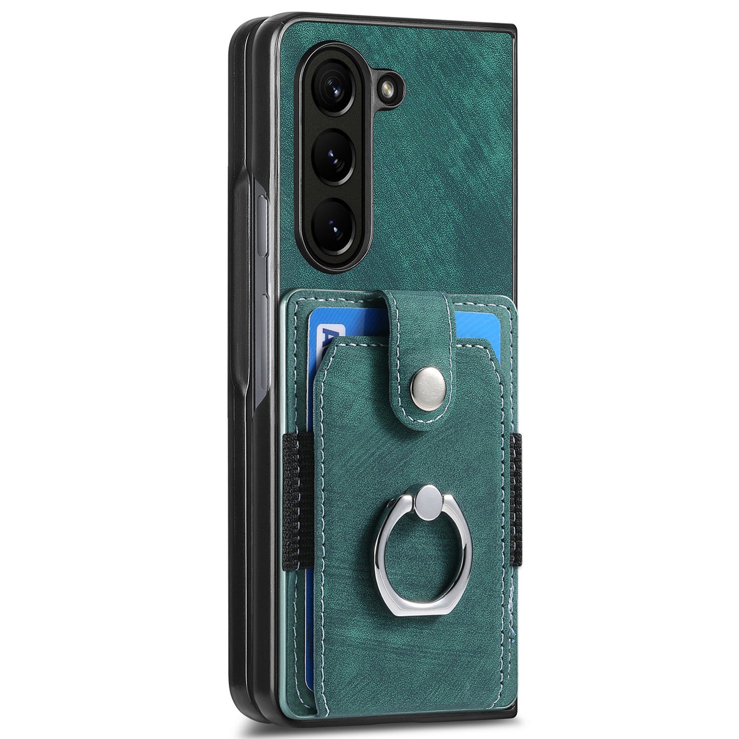 D2 For Samsung Galaxy Z Fold6 5G Case Card Slot Ring Kickstand Leather+PC Phone Cover - Green