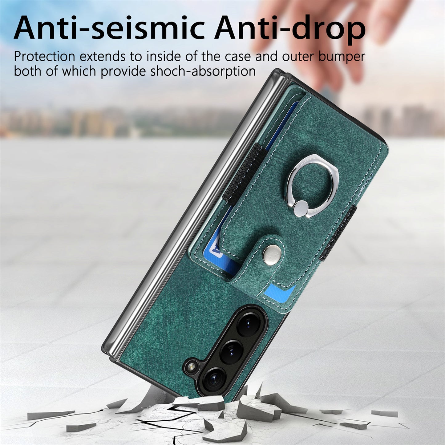 D2 For Samsung Galaxy Z Fold6 5G Case Card Slot Ring Kickstand Leather+PC Phone Cover - Green