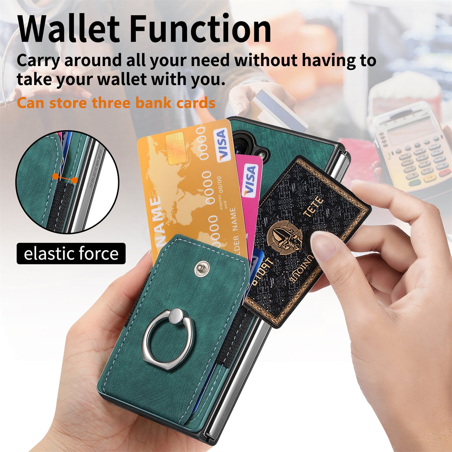 D2 For Samsung Galaxy Z Fold6 5G Case Card Slot Ring Kickstand Leather+PC Phone Cover - Green