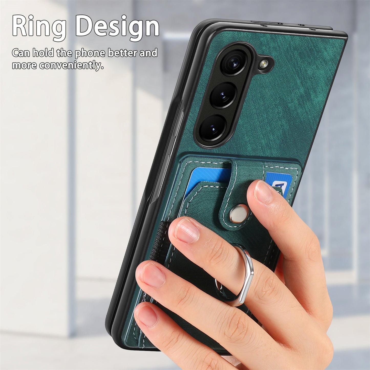 D2 For Samsung Galaxy Z Fold6 5G Case Card Slot Ring Kickstand Leather+PC Phone Cover - Green