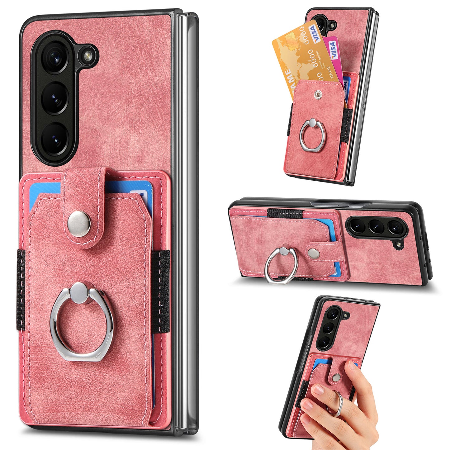 D2 For Samsung Galaxy Z Fold6 5G Case Card Slot Ring Kickstand Leather+PC Phone Cover - Pink