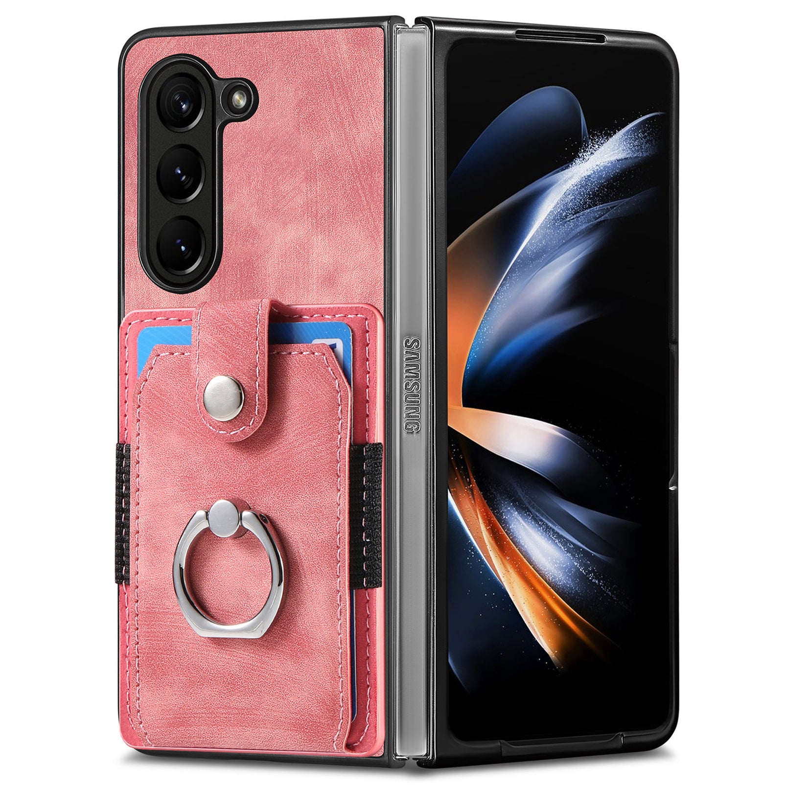 D2 For Samsung Galaxy Z Fold6 5G Case Card Slot Ring Kickstand Leather+PC Phone Cover - Pink