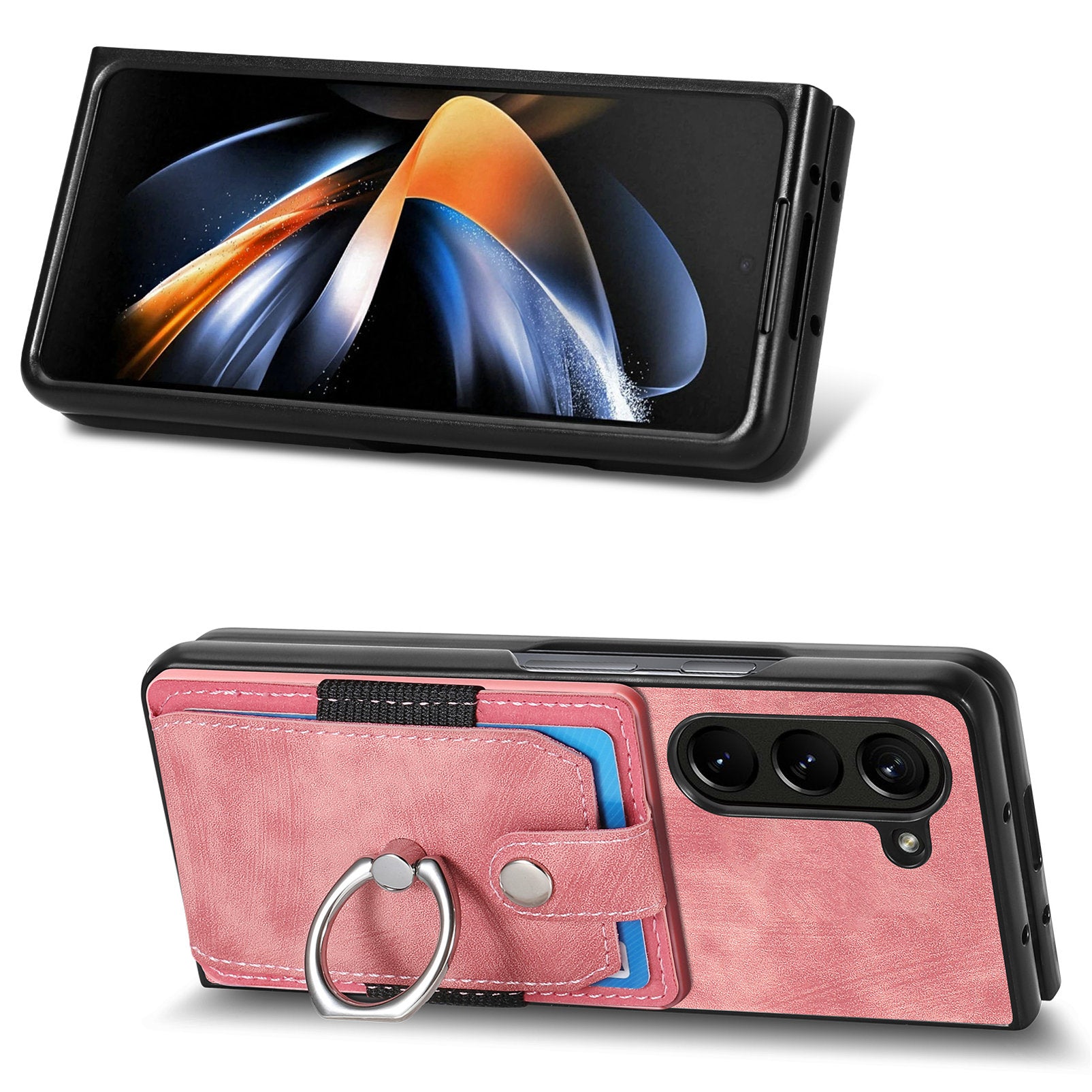 D2 For Samsung Galaxy Z Fold6 5G Case Card Slot Ring Kickstand Leather+PC Phone Cover - Pink
