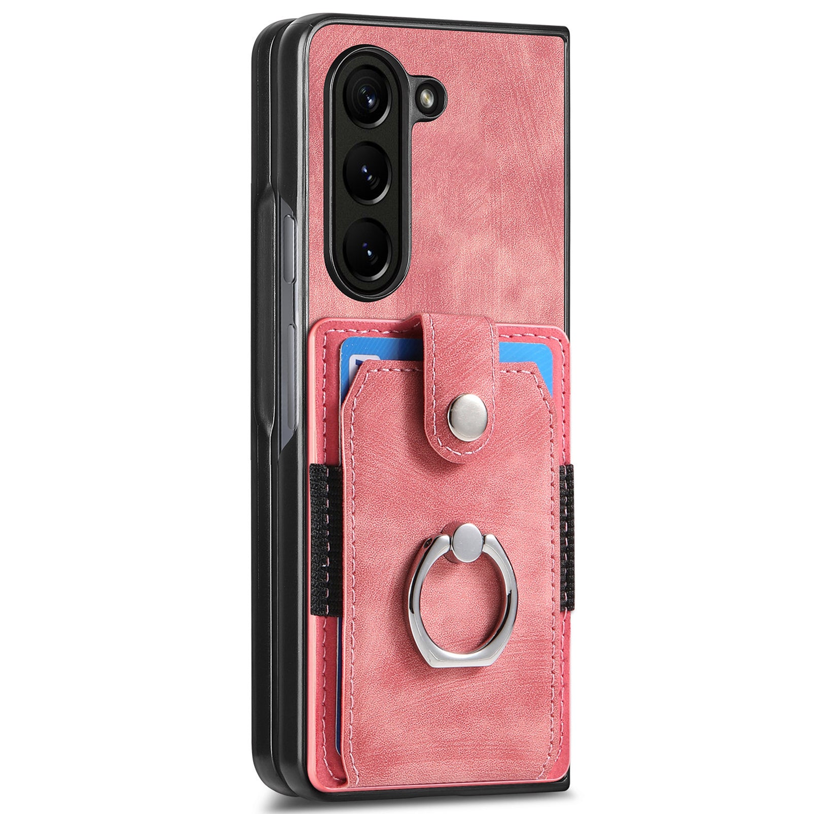 D2 For Samsung Galaxy Z Fold6 5G Case Card Slot Ring Kickstand Leather+PC Phone Cover - Pink