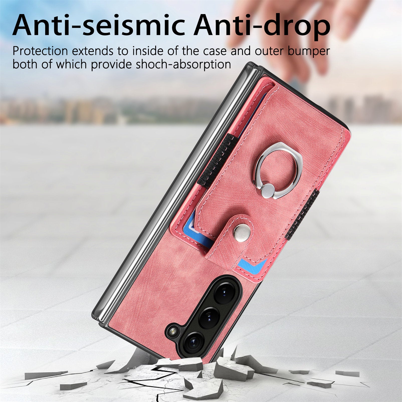 D2 For Samsung Galaxy Z Fold6 5G Case Card Slot Ring Kickstand Leather+PC Phone Cover - Pink