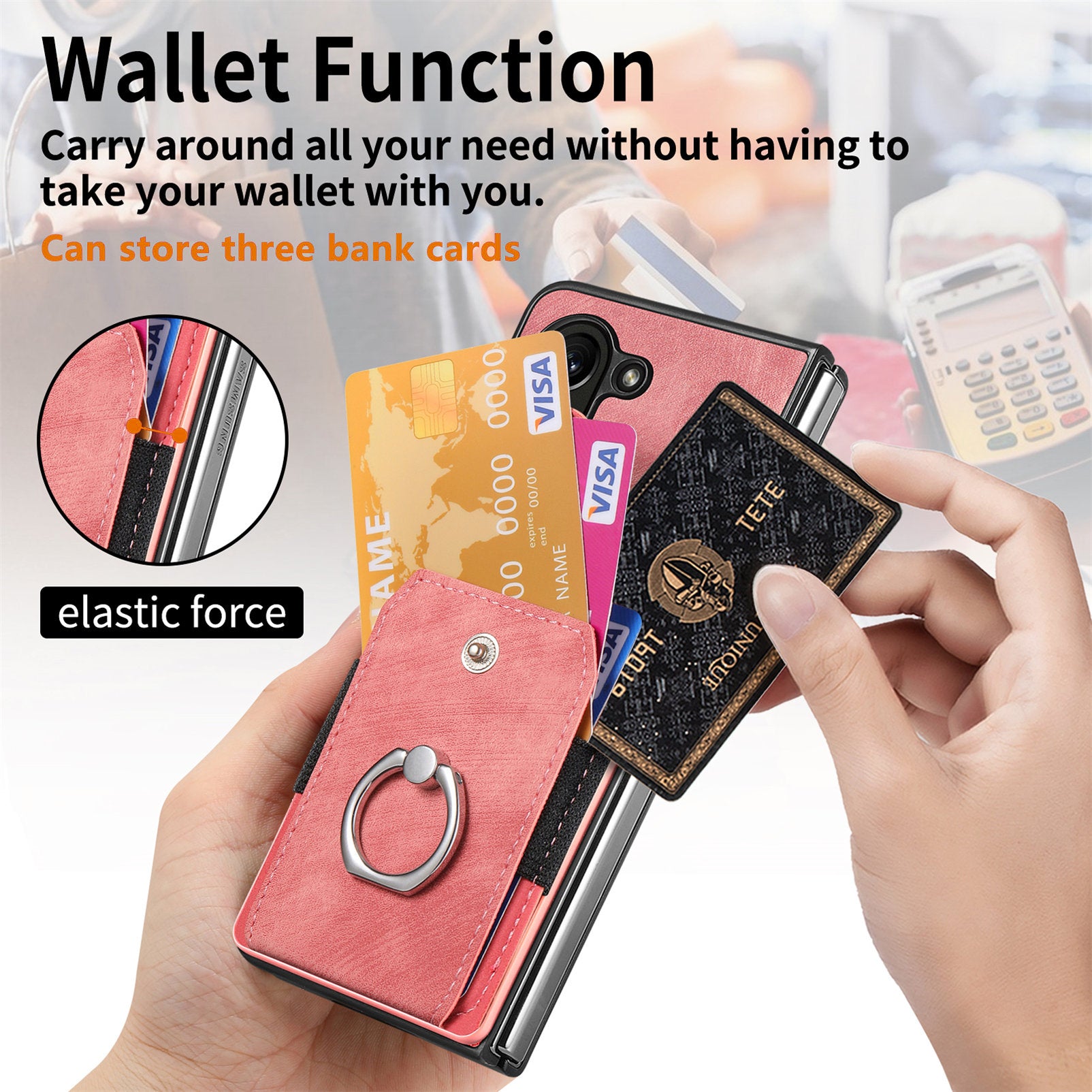 D2 For Samsung Galaxy Z Fold6 5G Case Card Slot Ring Kickstand Leather+PC Phone Cover - Pink