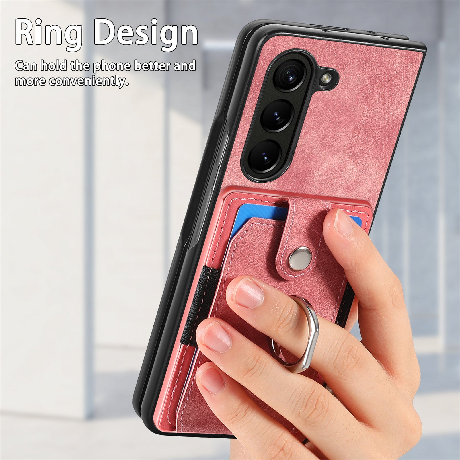 D2 For Samsung Galaxy Z Fold6 5G Case Card Slot Ring Kickstand Leather+PC Phone Cover - Pink