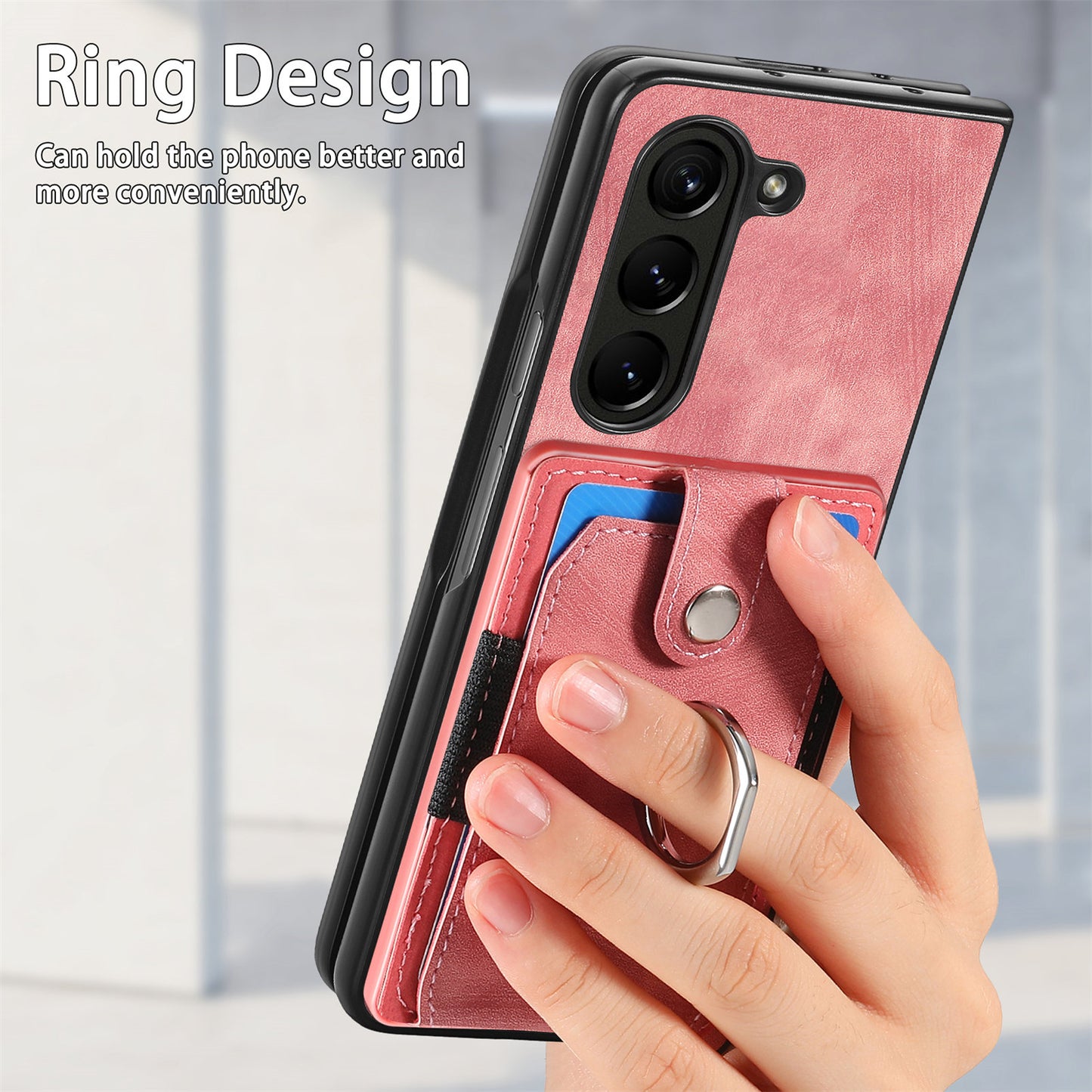 D2 For Samsung Galaxy Z Fold6 5G Case Card Slot Ring Kickstand Leather+PC Phone Cover - Pink