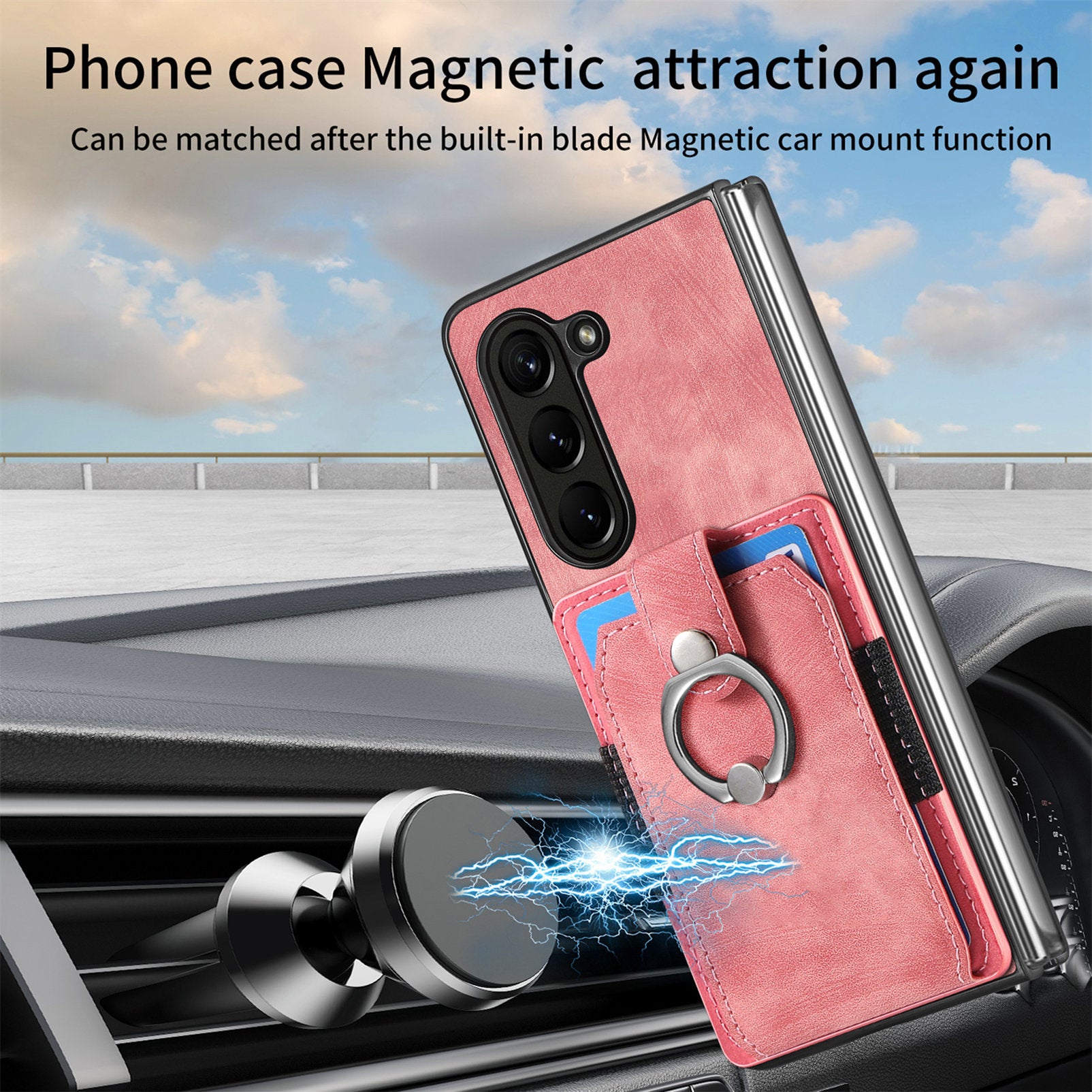 D2 For Samsung Galaxy Z Fold6 5G Case Card Slot Ring Kickstand Leather+PC Phone Cover - Pink