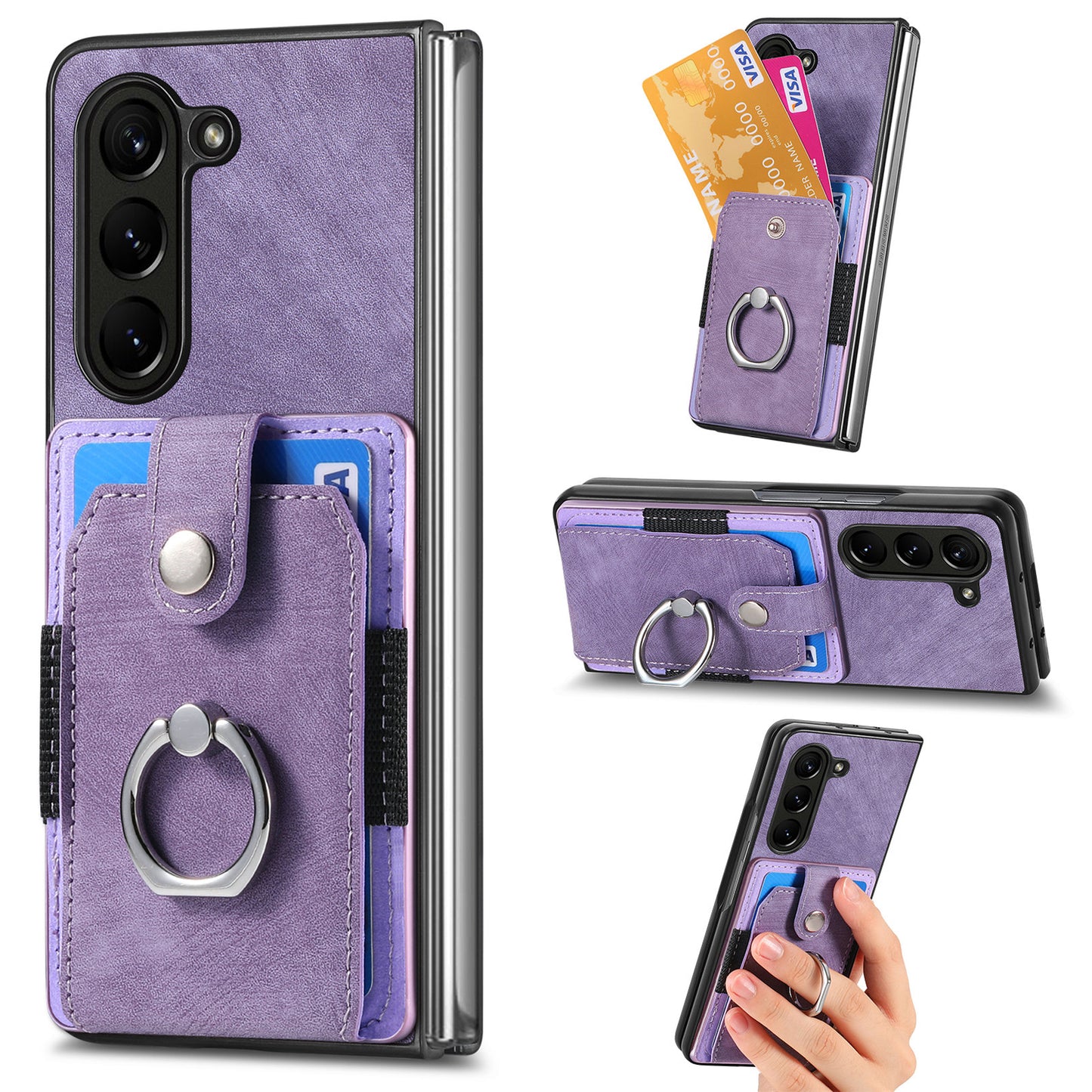 D2 For Samsung Galaxy Z Fold6 5G Case Card Slot Ring Kickstand Leather+PC Phone Cover - Purple