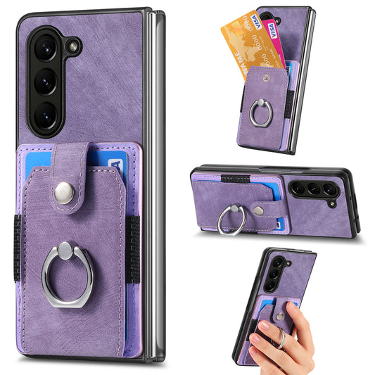 D2 For Samsung Galaxy Z Fold6 5G Case Card Slot Ring Kickstand Leather+PC Phone Cover - Purple