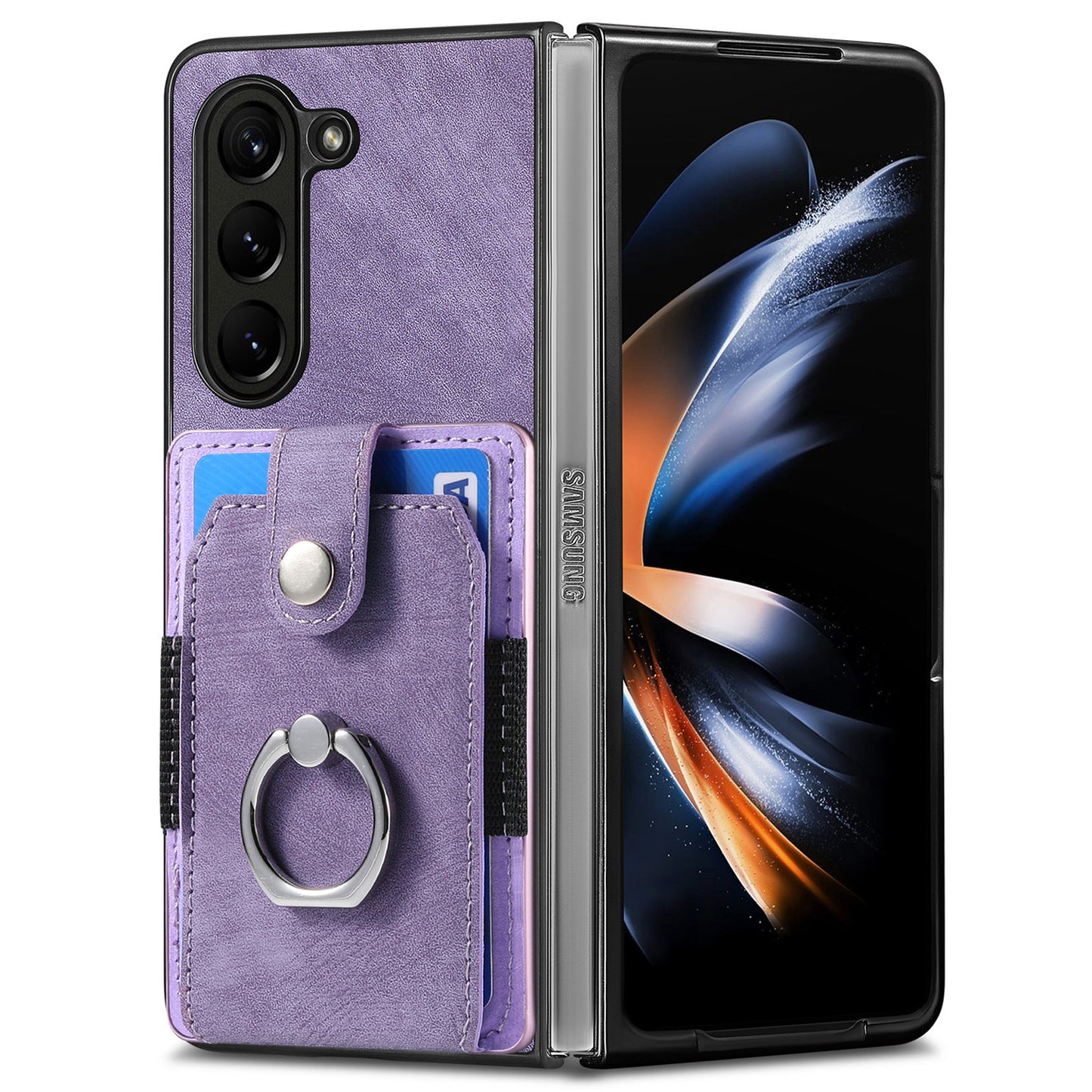 D2 For Samsung Galaxy Z Fold6 5G Case Card Slot Ring Kickstand Leather+PC Phone Cover - Purple