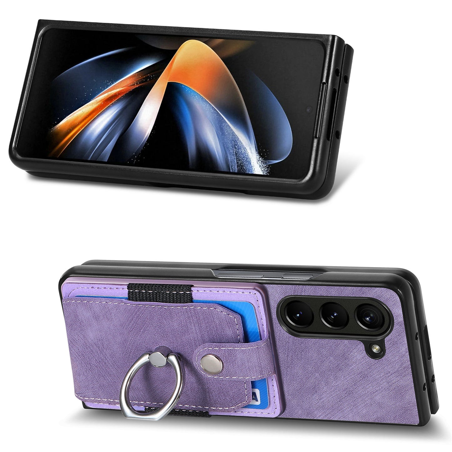 D2 For Samsung Galaxy Z Fold6 5G Case Card Slot Ring Kickstand Leather+PC Phone Cover - Purple