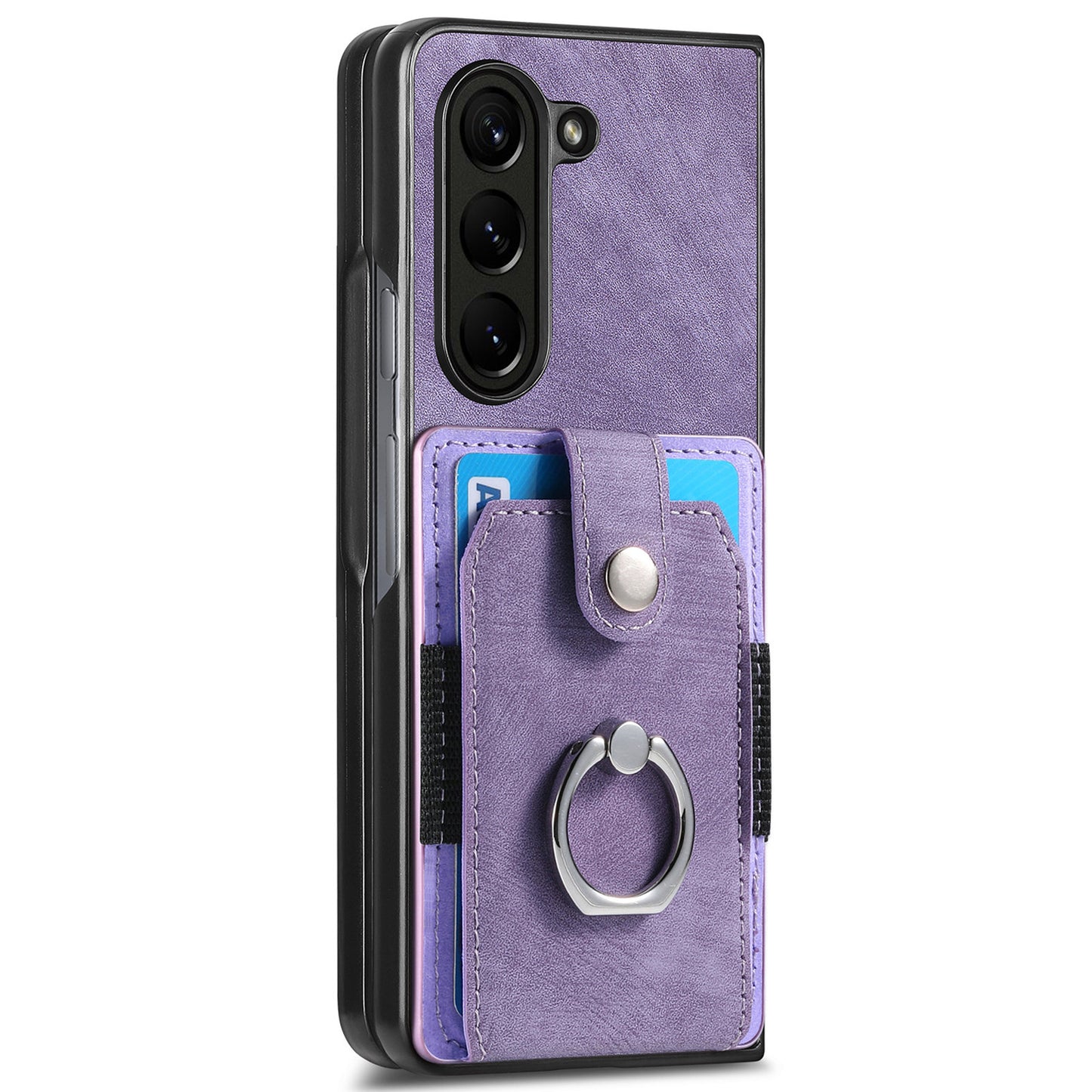 D2 For Samsung Galaxy Z Fold6 5G Case Card Slot Ring Kickstand Leather+PC Phone Cover - Purple