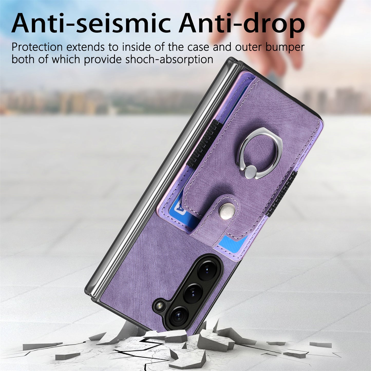 D2 For Samsung Galaxy Z Fold6 5G Case Card Slot Ring Kickstand Leather+PC Phone Cover - Purple