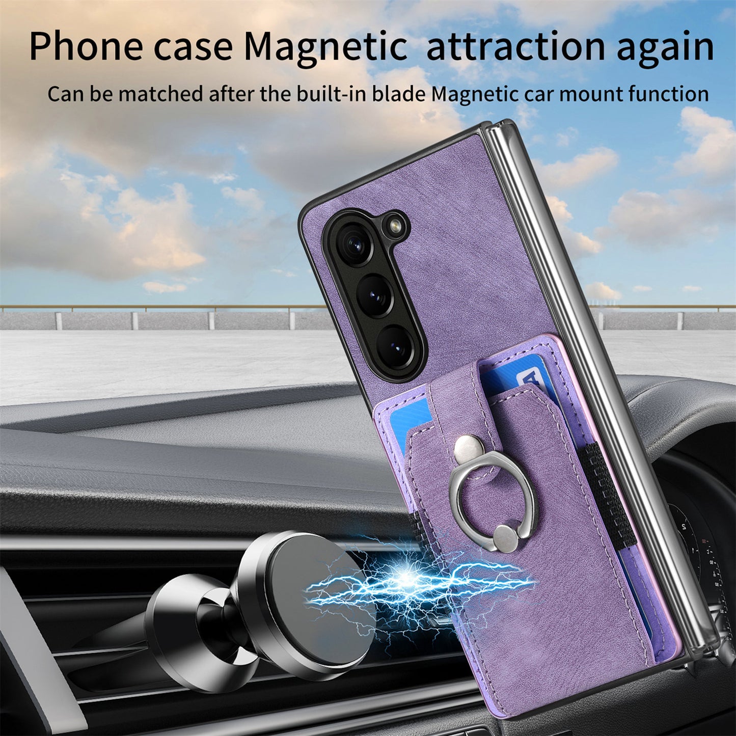 D2 For Samsung Galaxy Z Fold6 5G Case Card Slot Ring Kickstand Leather+PC Phone Cover - Purple