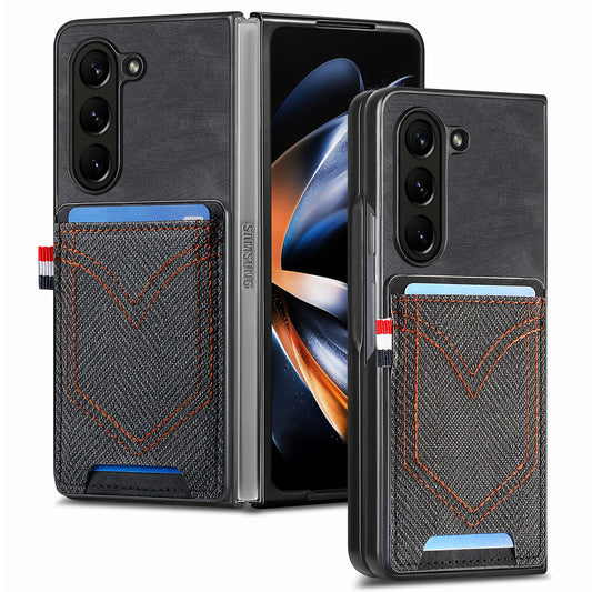 For Samsung Galaxy Z Fold6 5G Case Leather+PC Phone Cover with Denim Texture Card Holder - Black