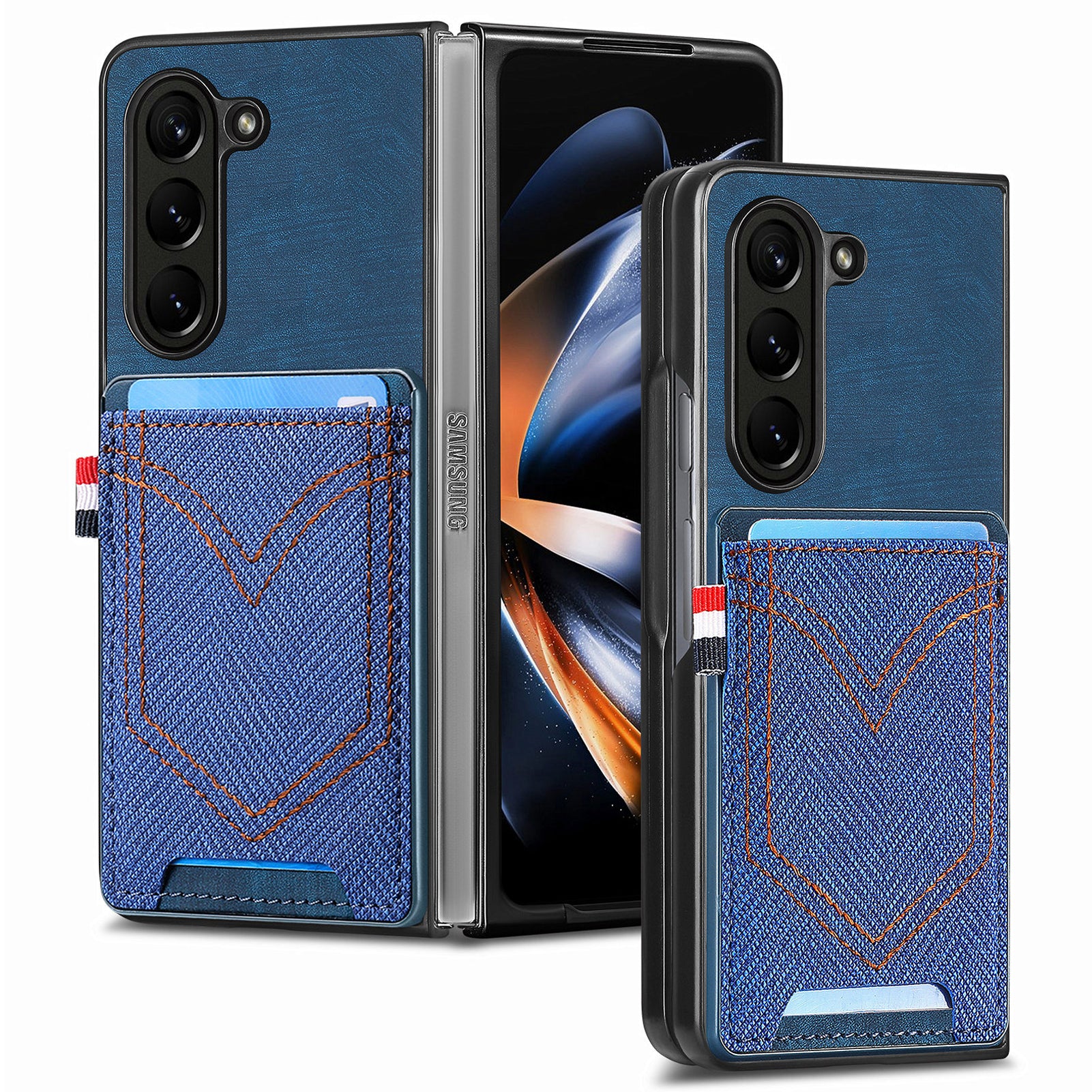 For Samsung Galaxy Z Fold6 5G Case Leather+PC Phone Cover with Denim Texture Card Holder - Blue