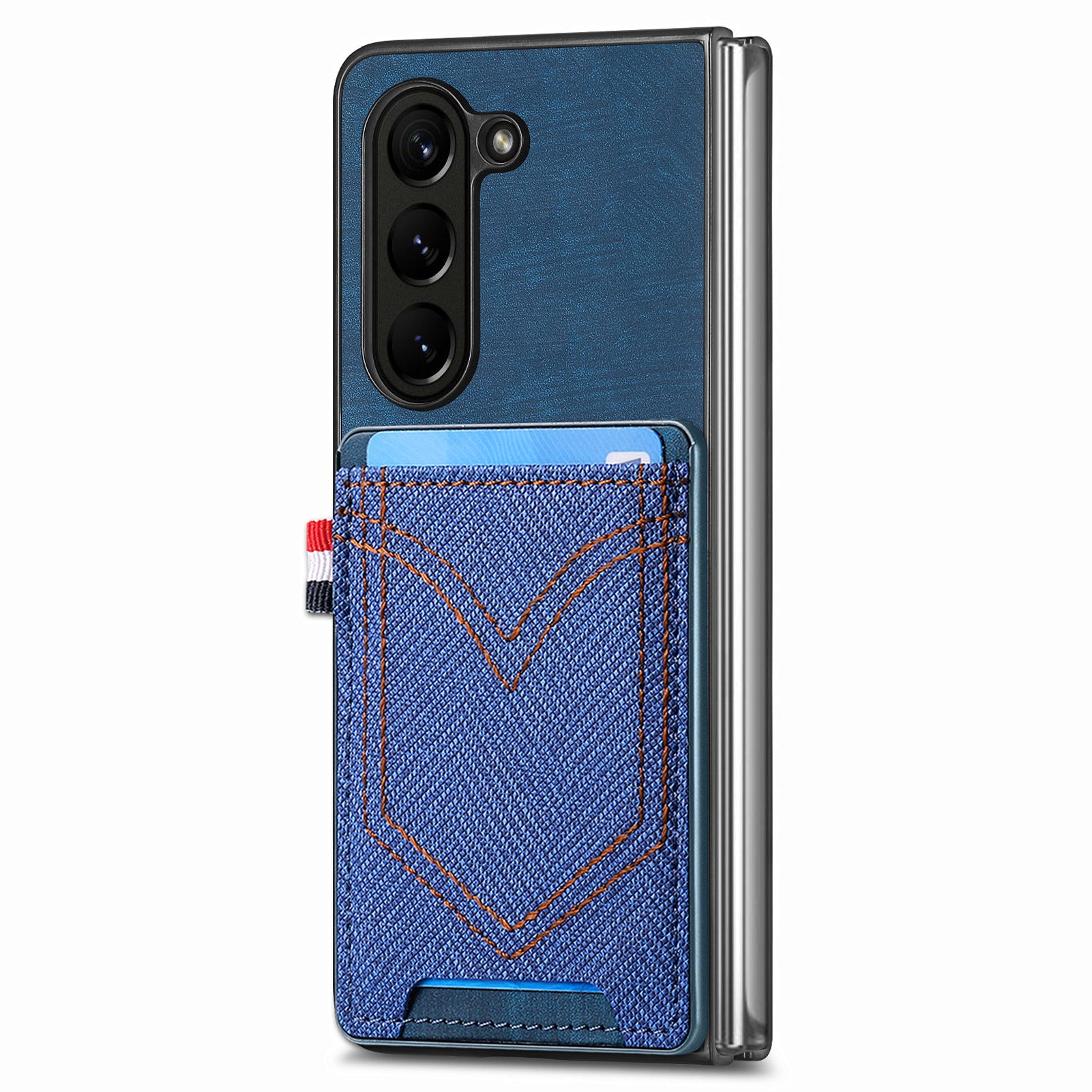 For Samsung Galaxy Z Fold6 5G Case Leather+PC Phone Cover with Denim Texture Card Holder - Blue