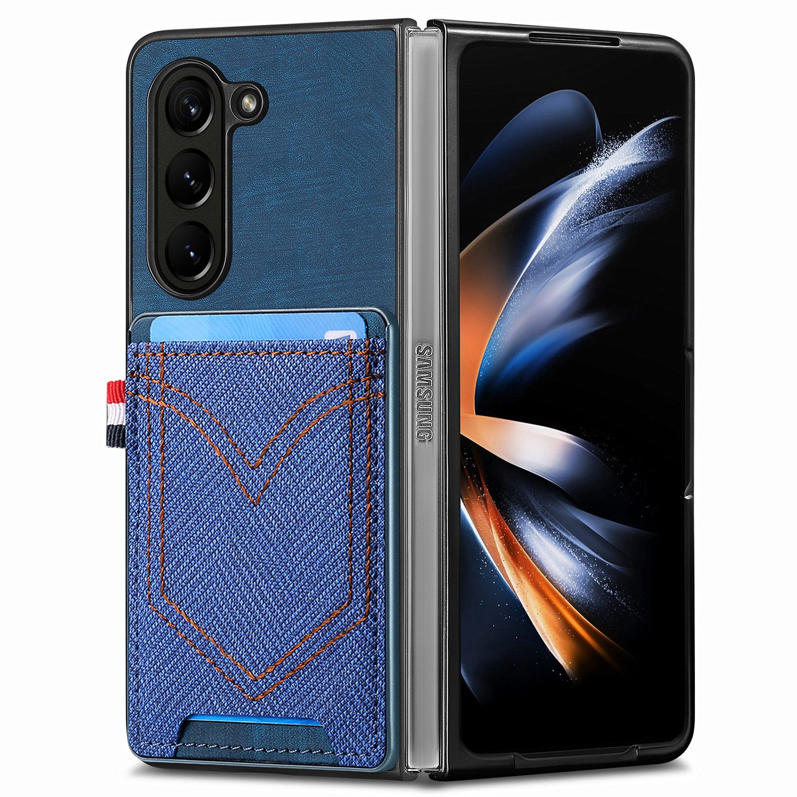 For Samsung Galaxy Z Fold6 5G Case Leather+PC Phone Cover with Denim Texture Card Holder - Blue