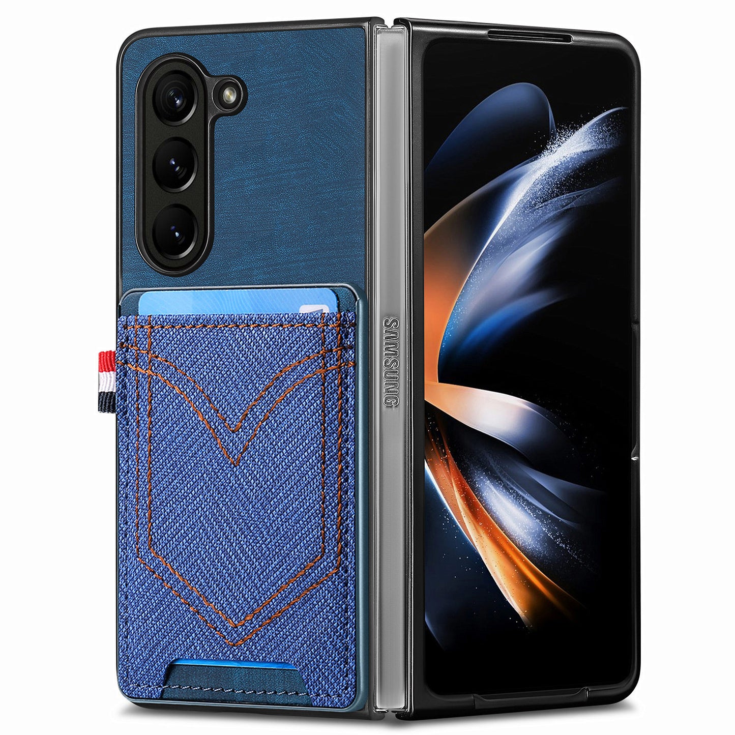 For Samsung Galaxy Z Fold6 5G Case Leather+PC Phone Cover with Denim Texture Card Holder - Blue