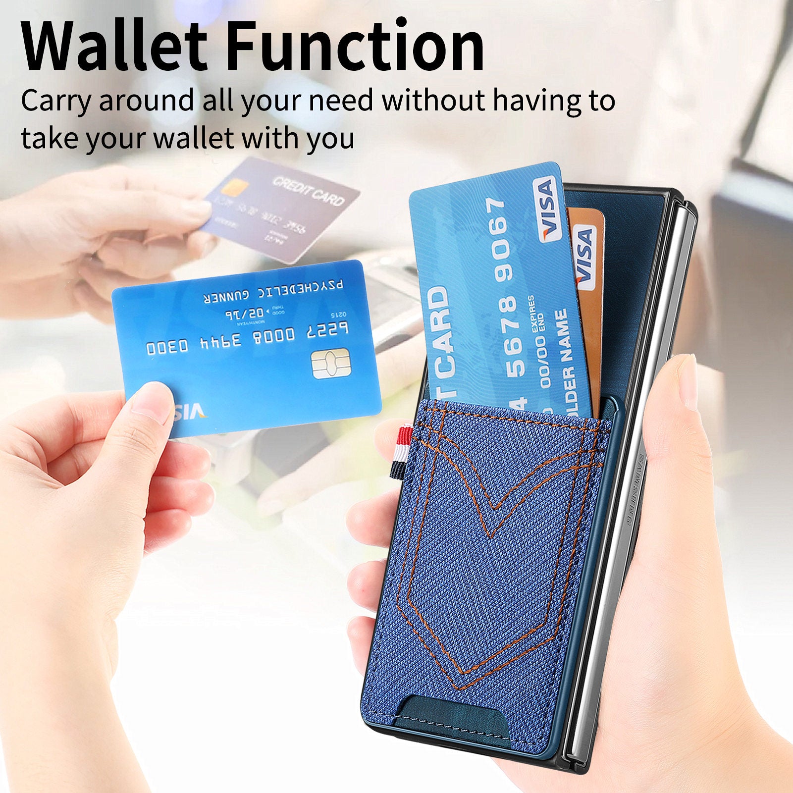 For Samsung Galaxy Z Fold6 5G Case Leather+PC Phone Cover with Denim Texture Card Holder - Blue