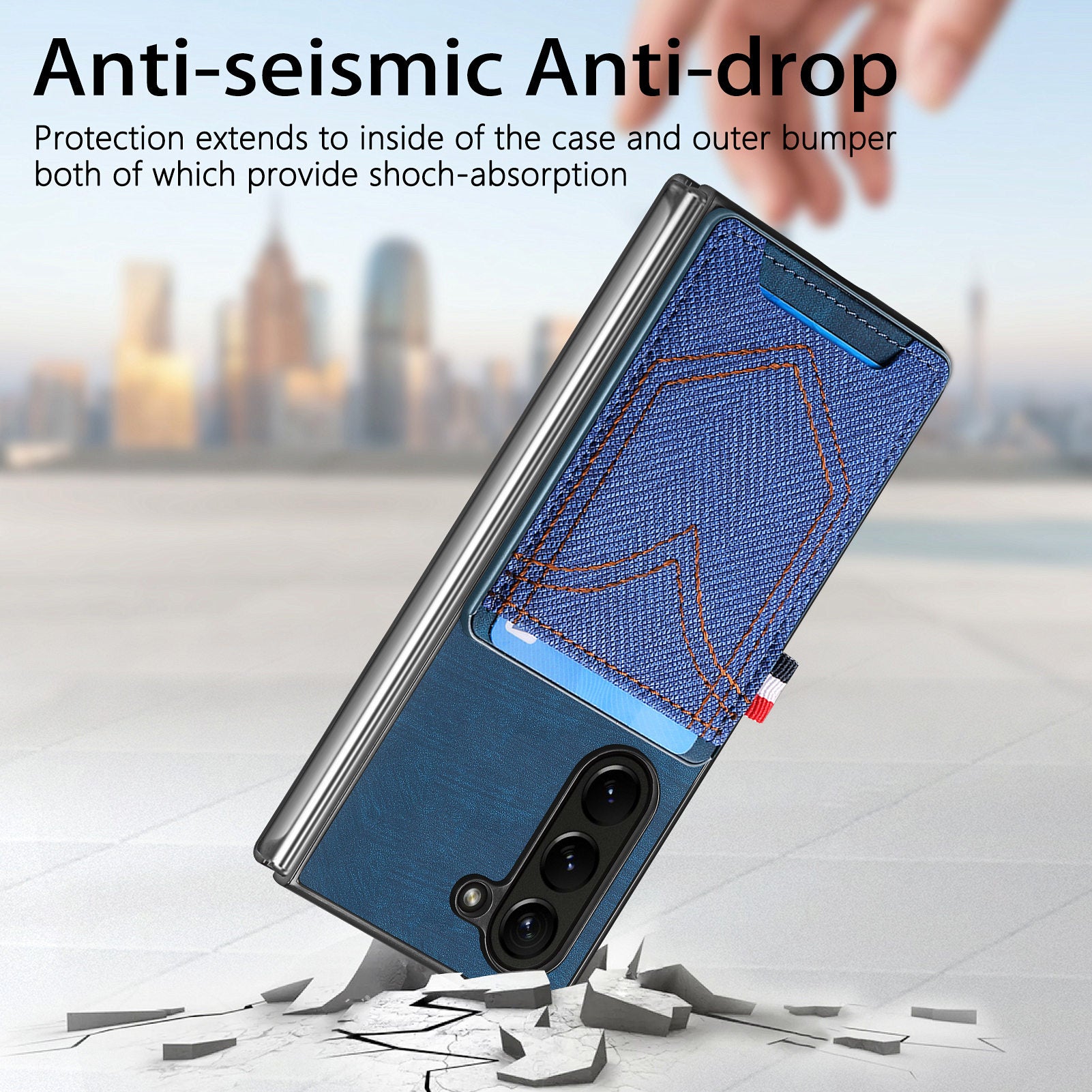 For Samsung Galaxy Z Fold6 5G Case Leather+PC Phone Cover with Denim Texture Card Holder - Blue