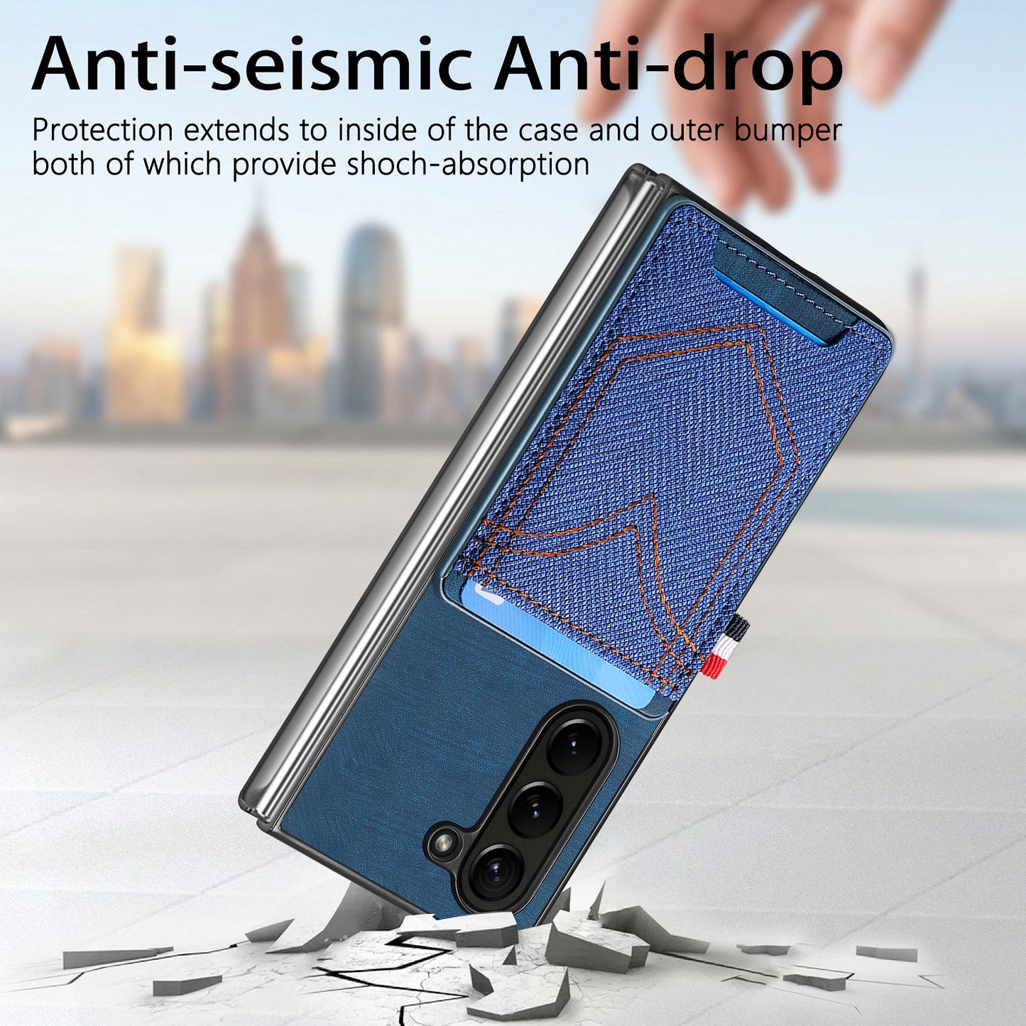 For Samsung Galaxy Z Fold6 5G Case Leather+PC Phone Cover with Denim Texture Card Holder - Blue