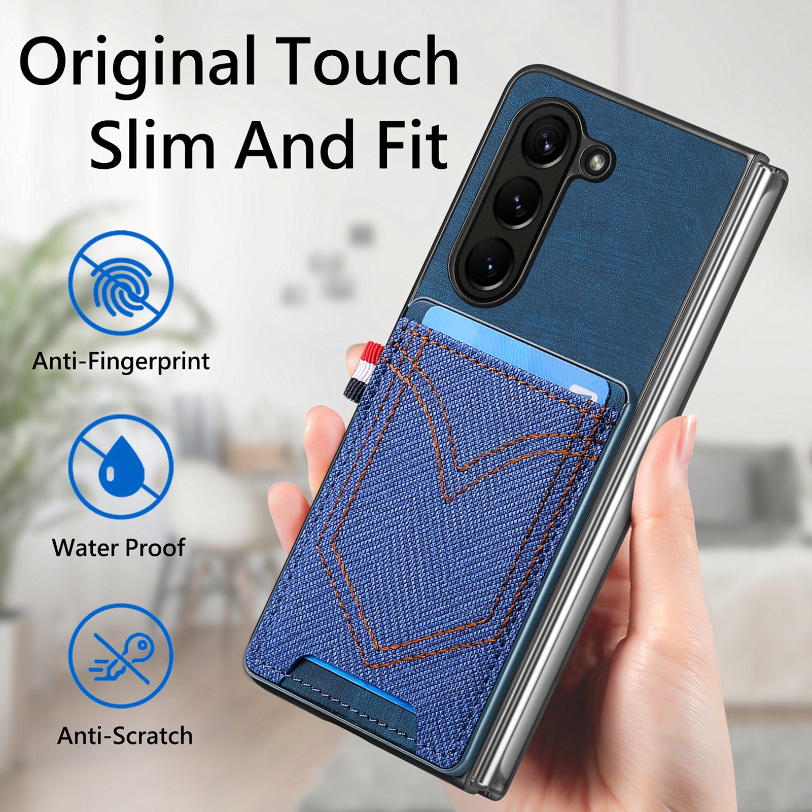 For Samsung Galaxy Z Fold6 5G Case Leather+PC Phone Cover with Denim Texture Card Holder - Blue