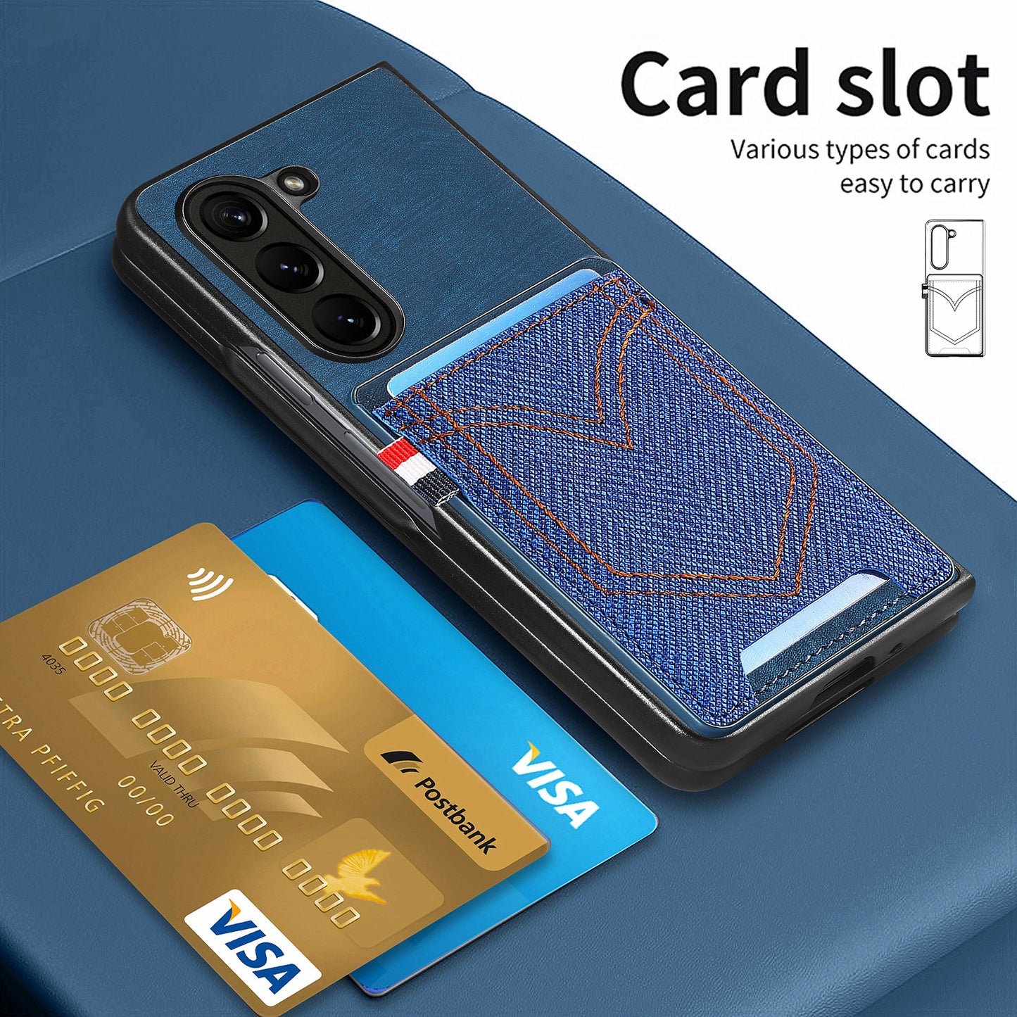 For Samsung Galaxy Z Fold6 5G Case Leather+PC Phone Cover with Denim Texture Card Holder - Blue