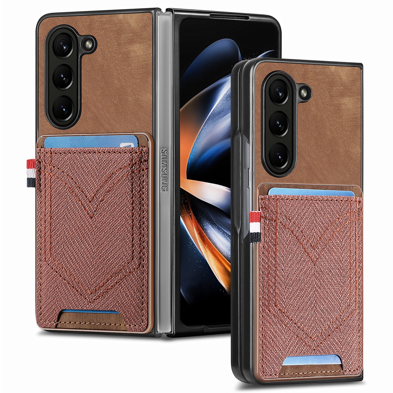 For Samsung Galaxy Z Fold6 5G Case Leather+PC Phone Cover with Denim Texture Card Holder - Brown