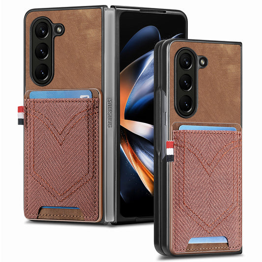 For Samsung Galaxy Z Fold6 5G Case Leather+PC Phone Cover with Denim Texture Card Holder - Brown