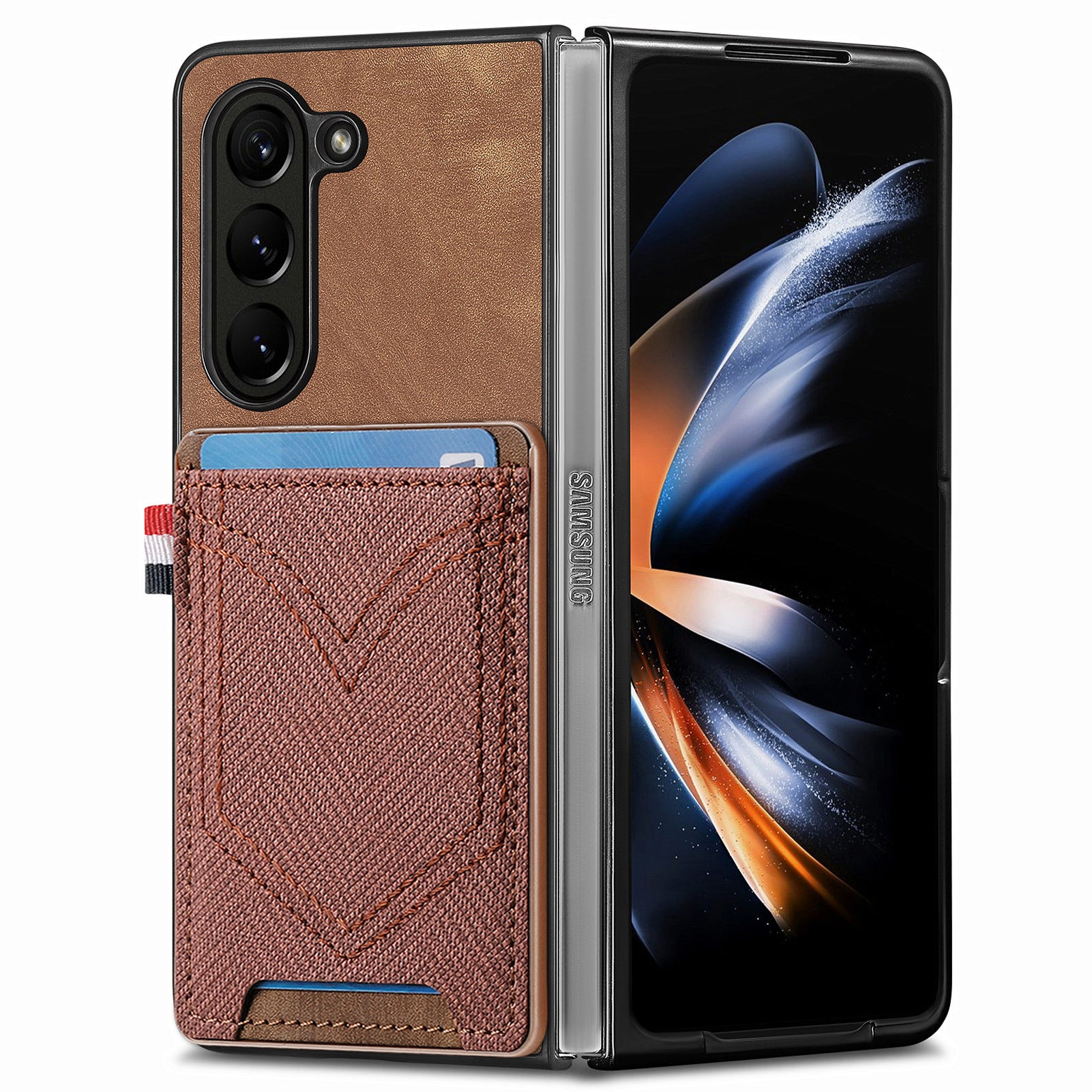 For Samsung Galaxy Z Fold6 5G Case Leather+PC Phone Cover with Denim Texture Card Holder - Brown