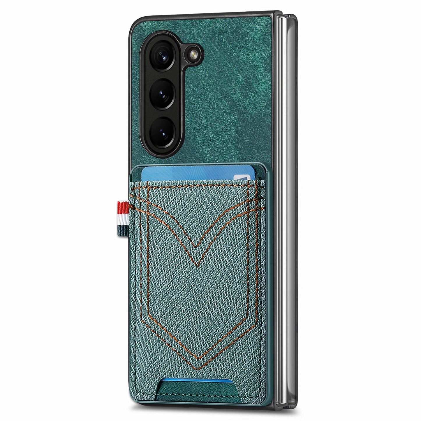 For Samsung Galaxy Z Fold6 5G Case Leather+PC Phone Cover with Denim Texture Card Holder - Green